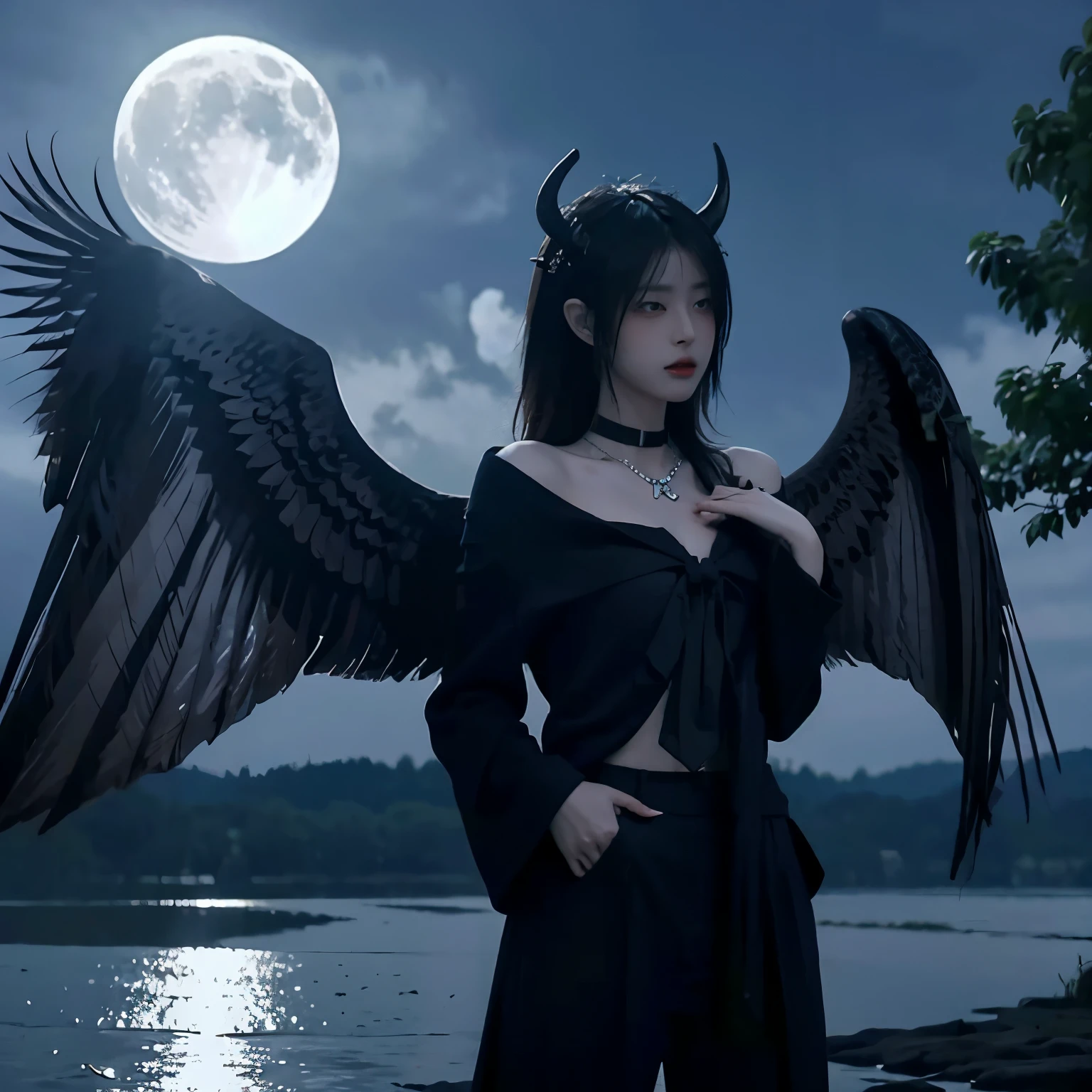 Bondage, tied up,satanic necklace,choker, black suit, suit with tie, black veil, satanic earing,standing in the lake with moon in the sky, angel, wings, White wings, holy girl, horns, lucifer, bdsm