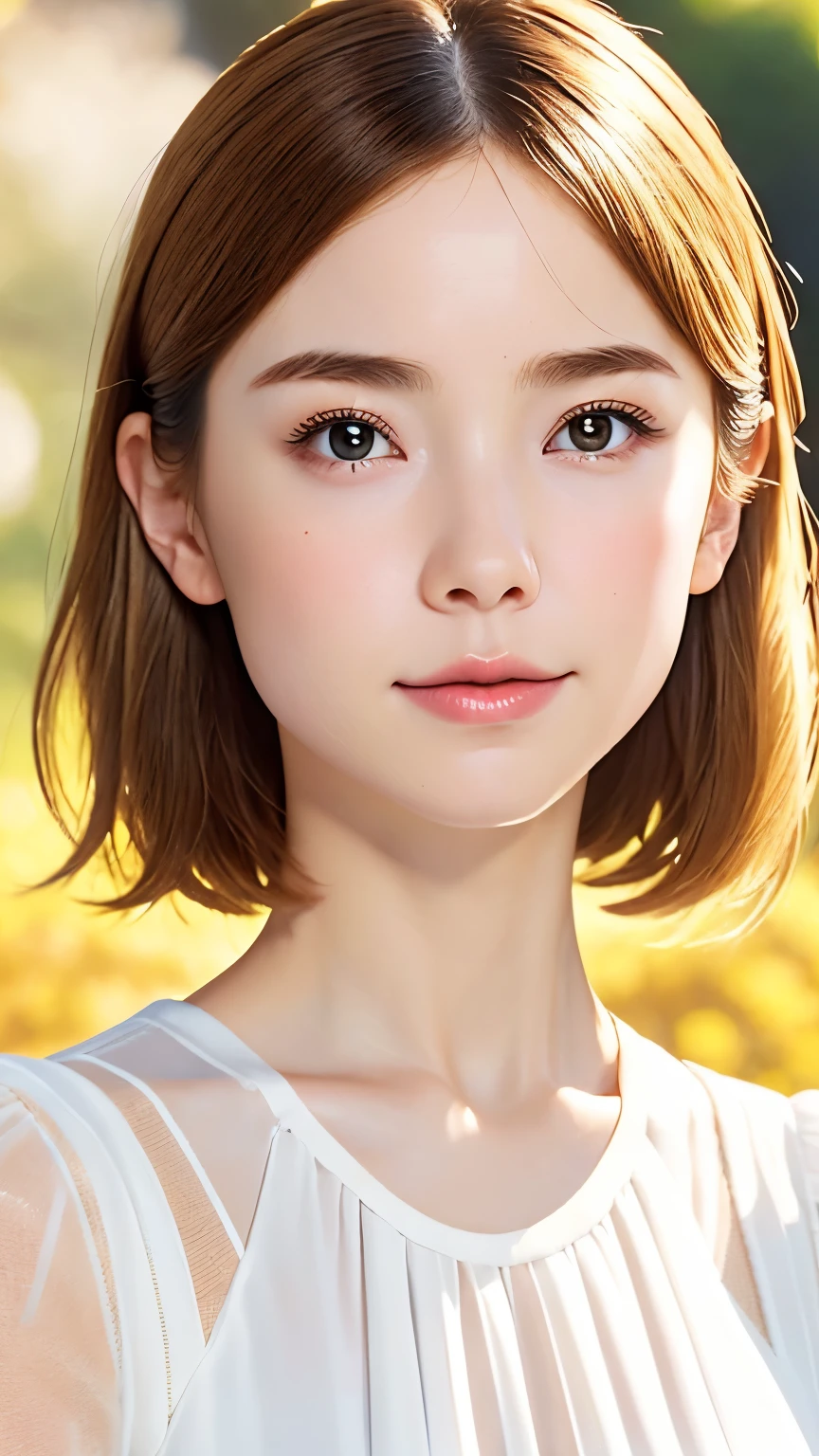 anatomy、realistic depiction of the human body、one woman、16talent、very cute face、、beige hair、unique short bob、small breasts、transparent skin、Immersive depiction、Also々new expression、realism、upper body angle、focus on the face、white elegant dress、blurred background、highest quality、ultra high resolution、best image quality、masterpiece、digital art、digital portrait、perfect lighting、professional photographer