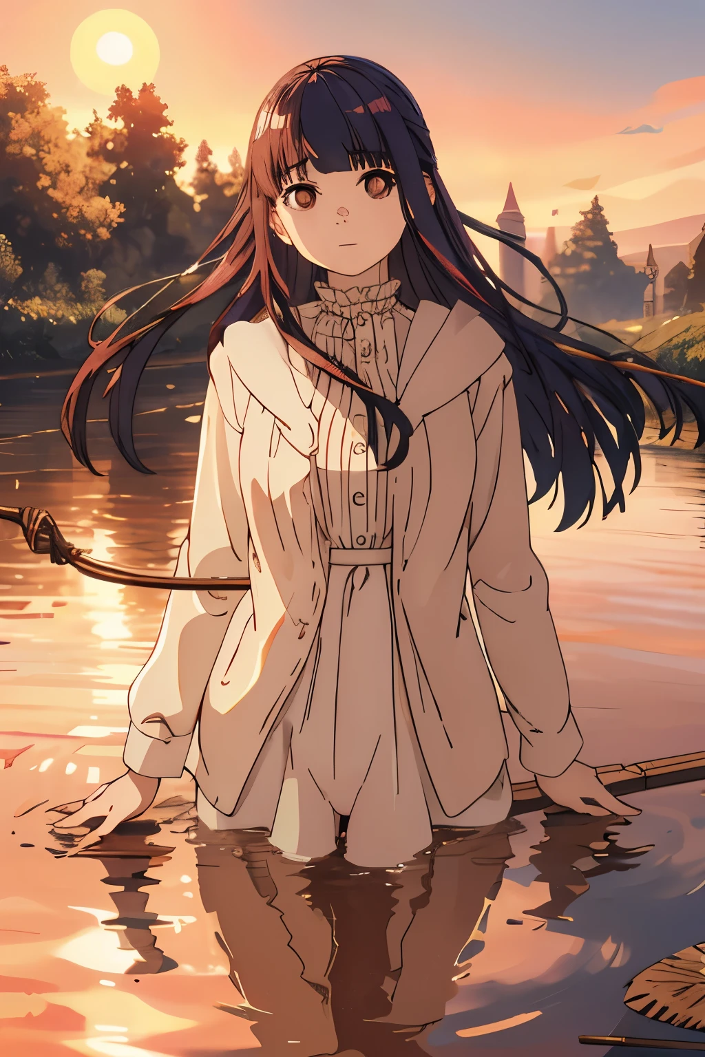 1 girl,Fern,looking at the viewer,sunrise,reflection,floating,wooden cane,magic,expensive_angle，Naked，masturbation