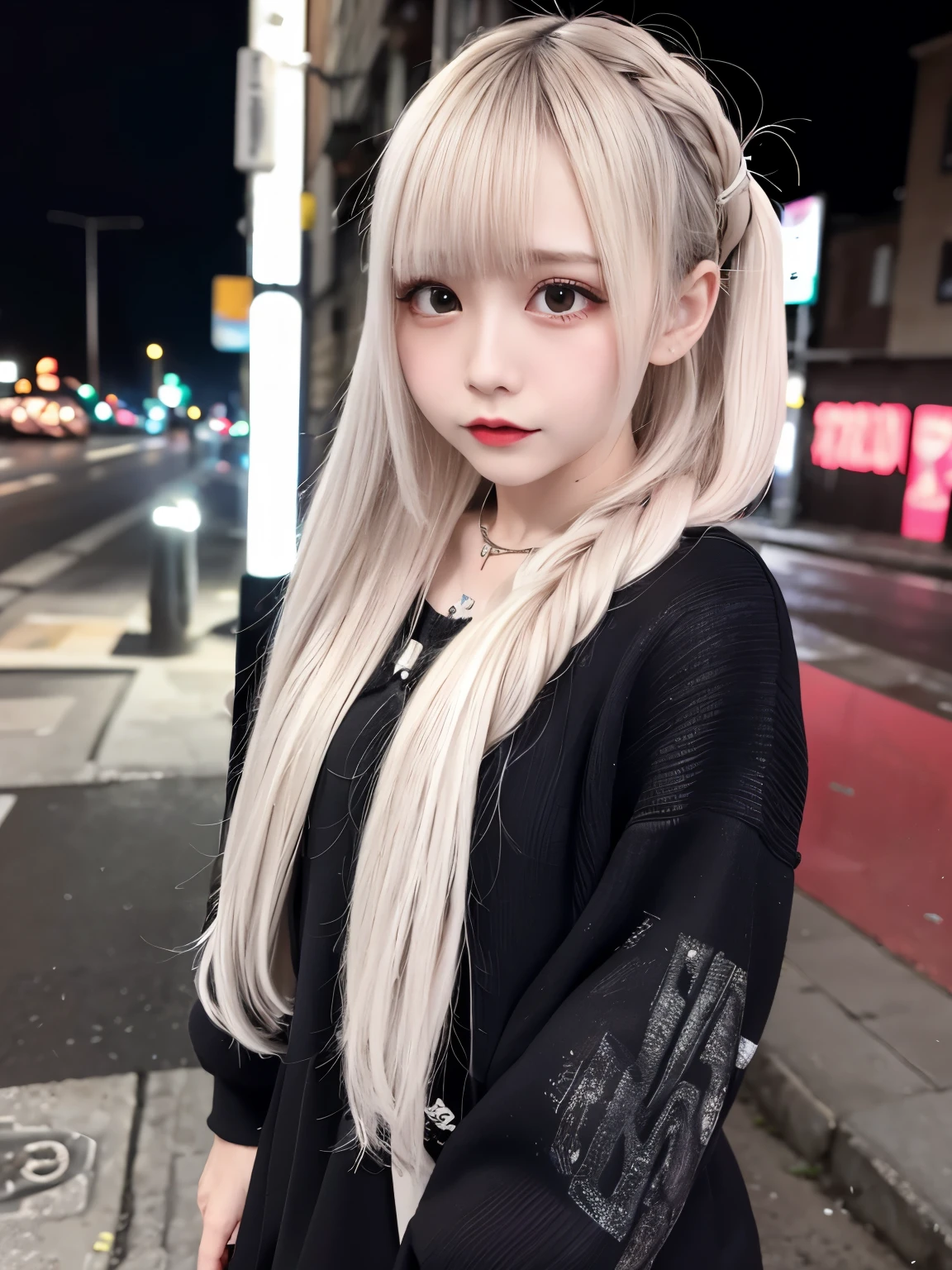 raw photo, 8k, (top-quality), Realistic, (real picture, Intricate details), (natural skin texture, detailed skin, hyper realism, sharpness), (Japanese teenage girl standing in a dirty back alley at night, arms folding, graffitied wall:1.3), ((jirai fashion with gray and white)), (pale skin:1.2), slender body, ((braid hair, blunt bangs)), (glasses, seductive face, provocative look, Parted lips:1.3, eye shadow, eyeliner, tear bag:1.2, red lips), graffiti:1.5, night time, spot lighting:1.3, upper body shot