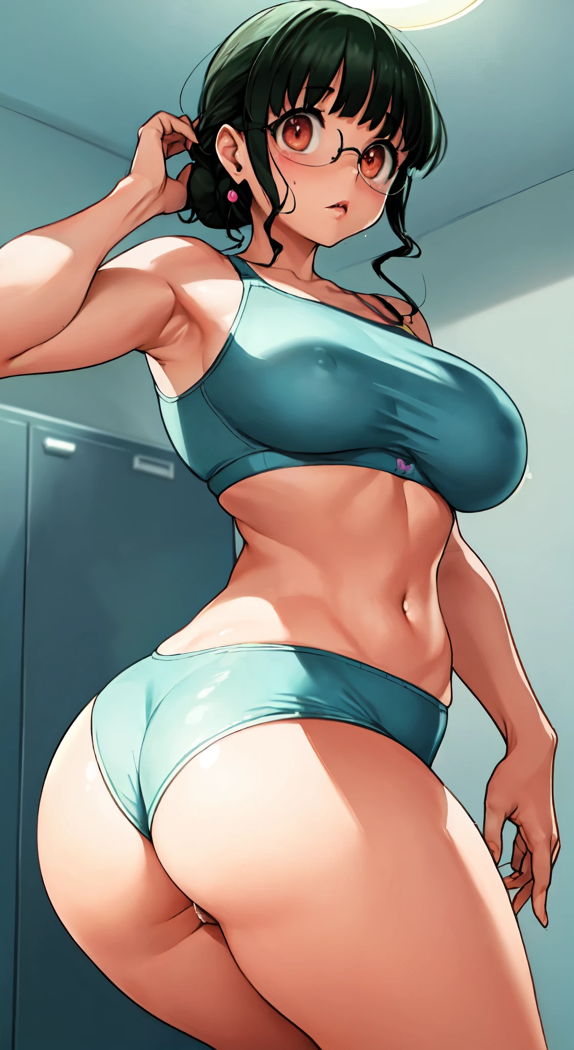 (perfect body),highest quality,(8K portrait),(anime screen cap)、(nsfw)、(((sex)))、Sweat,((big breasts))、(black hair),(shortcut)、red eyes,((thick thighs)),((big ass))、(swollen nipples)、(Light Blue Bra)、(Light Blue Panties)、:o、adult woman、(((embarrassing)))、(locker room at night))、(((obesity)))、((hands behind head))、((both armpits))、glasses、(thick waist)、