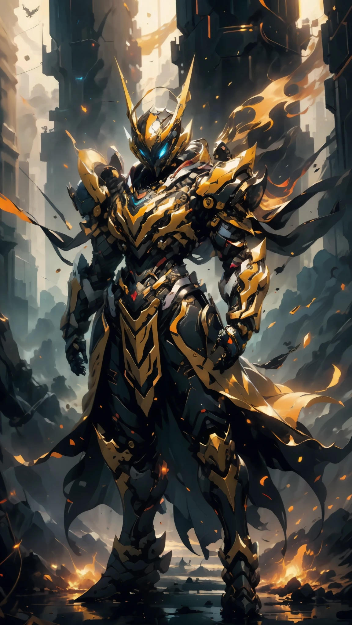 A woman adorned in fantasy-style full-body armor, a crown-concept fully enclosed helmet that unveils only her eyes, a composite layered chest plate, fully encompassing shoulder and hand guards, a lightweight waist armor, form-fitting shin guards, the overall design is heavy-duty yet flexible, ((the armor gleams with a golden glow, complemented by red and blue accents)), exhibiting a noble aura, she floats above a fantasy-surreal high-tech city, this character embodies a finely crafted fantasy-surreal style armored hero in anime style, exquisite and mature manga art style, (Queen bee mixed with Spider concept Armor, plasma, blood), ((Element, energy, elegant, goddess, femminine:1.5)), metallic, high definition, best quality, highres, ultra-detailed, ultra-fine painting, extremely delicate, professional, anatomically correct, symmetrical face, extremely detailed eyes and face, high quality eyes, creativity, RAW photo, UHD, 32k, Natural light, cinematic lighting, masterpiece-anatomy-perfect, masterpiece:1.5
