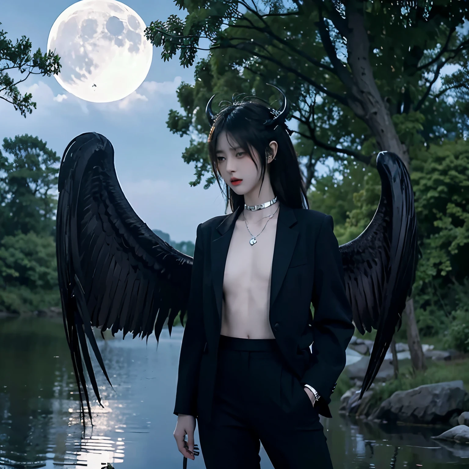 Bondage, tied up,satanic necklace,choker, black suit, suit with tie, black veil, satanic earing,standing in the lake with moon in the sky, angel, wings, White wings, holy girl, horns, lucifer, bdsm