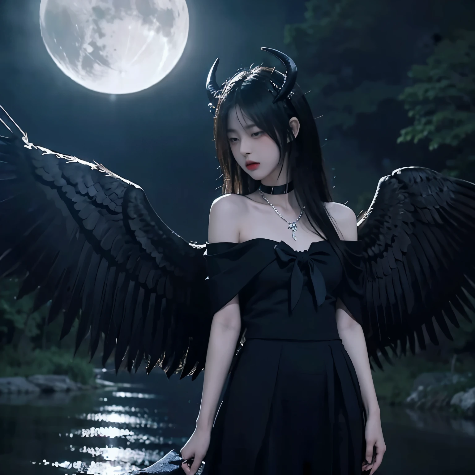 Bondage, tied up,satanic necklace,choker, black suit, suit with tie, black veil, satanic earing,standing in the lake with moon in the sky, angel, wings, White wings, holy girl, horns, lucifer, bdsm