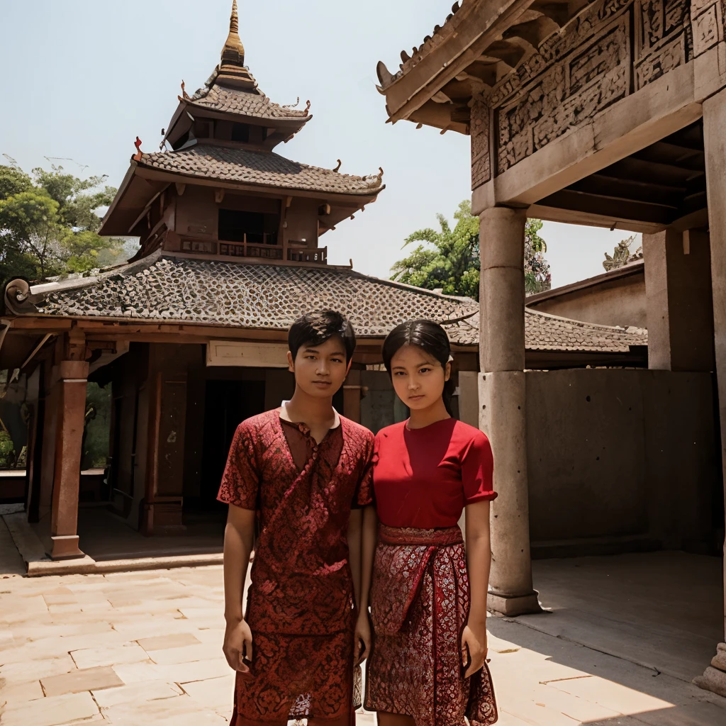 3d Two young Burmese couples standing in front of an intricate architectural structure that looks like an ancient temple. The boy is wearing a short-sleeved red shirt and holding a camera, while the girl is wearing a red patterned Burmese dress. Both are pretending.