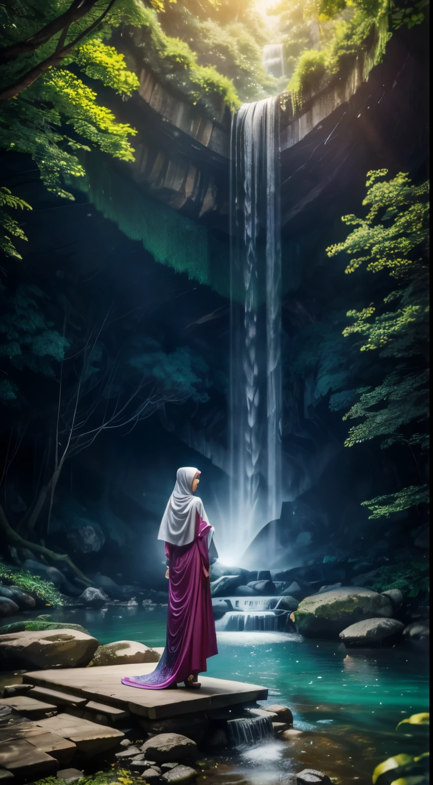 1girl, realistic hijab beautiful young woman, wearing colorful long dress, waterfall, walking under the waterfall, with her back to the audience, ethereal beauty, full body, character ratio is only 1/8, lake surface, ((large grove)), Tyndall ray, realism, cinematic lighting, ray tracing, optical illusion, lens flare, 120mm, f/1.2, sony fe gm, ultra hd, retina, masterpiece, ((best quality)), ((masterpiece)), (very detailed: 1.3)