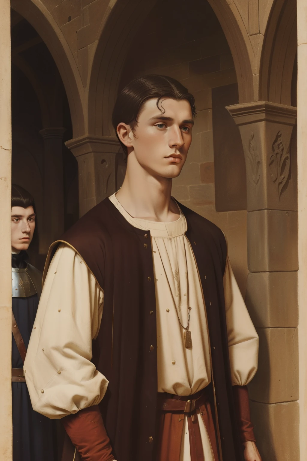 England, 1327. A young ((((22-year-old)) Ralph Fitzgerald)), intense eyes, ambitious, tall, athletic, being judged in a trial, ((ashamed and scared expression)). ((((clothings from the 1300s)))), ((dark hairstyle of the 1300s))