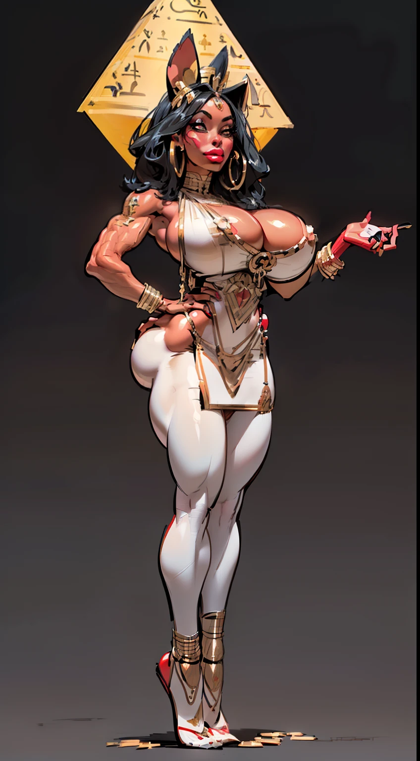 ((side profile)), ((full body view:1.4)), ((masterpiece)),(((best quality))), ((egyptian empress, mature face)), ((middle eastern eyes:1.4)), ((straight black hair:1.4)), (((septum piercing)), defined cheekbones, high cheekbones, illustration, ((muscular:1.3)), ((gold:1.4)), sexy bimbo, (gigantic breasts:1.7) , black hair, ((detailed face:1.4)) beautiful woman, (Egyptian:1.4), colored skin, (white skin:1.4) , (red lipstick:1.4), shiny skin, ((skindentation)), scribbles and marks,(puffy lips:1.4) , (temple: 1.5), ( at night: 1.5), rough sketches, pose, 8k,16k, ( background, white background: 1.3) ((warm color palette)), ((ancient aesthetic))