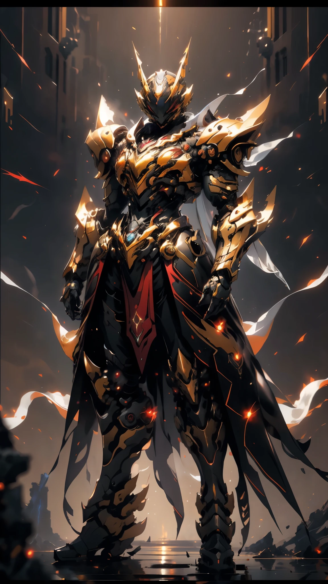 A woman adorned in fantasy-style full-body armor, a crown-concept fully enclosed helmet that unveils only her eyes, a composite layered chest plate, fully encompassing shoulder and hand guards, a lightweight waist armor, form-fitting shin guards, the overall design is heavy-duty yet flexible, ((the armor gleams with a golden glow, complemented by red and blue accents)), exhibiting a noble aura, she floats above a fantasy-surreal high-tech city, this character embodies a finely crafted fantasy-surreal style armored hero in anime style, exquisite and mature manga art style, (Queen bee mixed with Spider concept Armor, plasma, blood), ((Element, energy, elegant, goddess, femminine:1.5)), metallic, high definition, best quality, highres, ultra-detailed, ultra-fine painting, extremely delicate, professional, anatomically correct, symmetrical face, extremely detailed eyes and face, high quality eyes, creativity, RAW photo, UHD, 32k, Natural light, cinematic lighting, masterpiece-anatomy-perfect, masterpiece:1.5