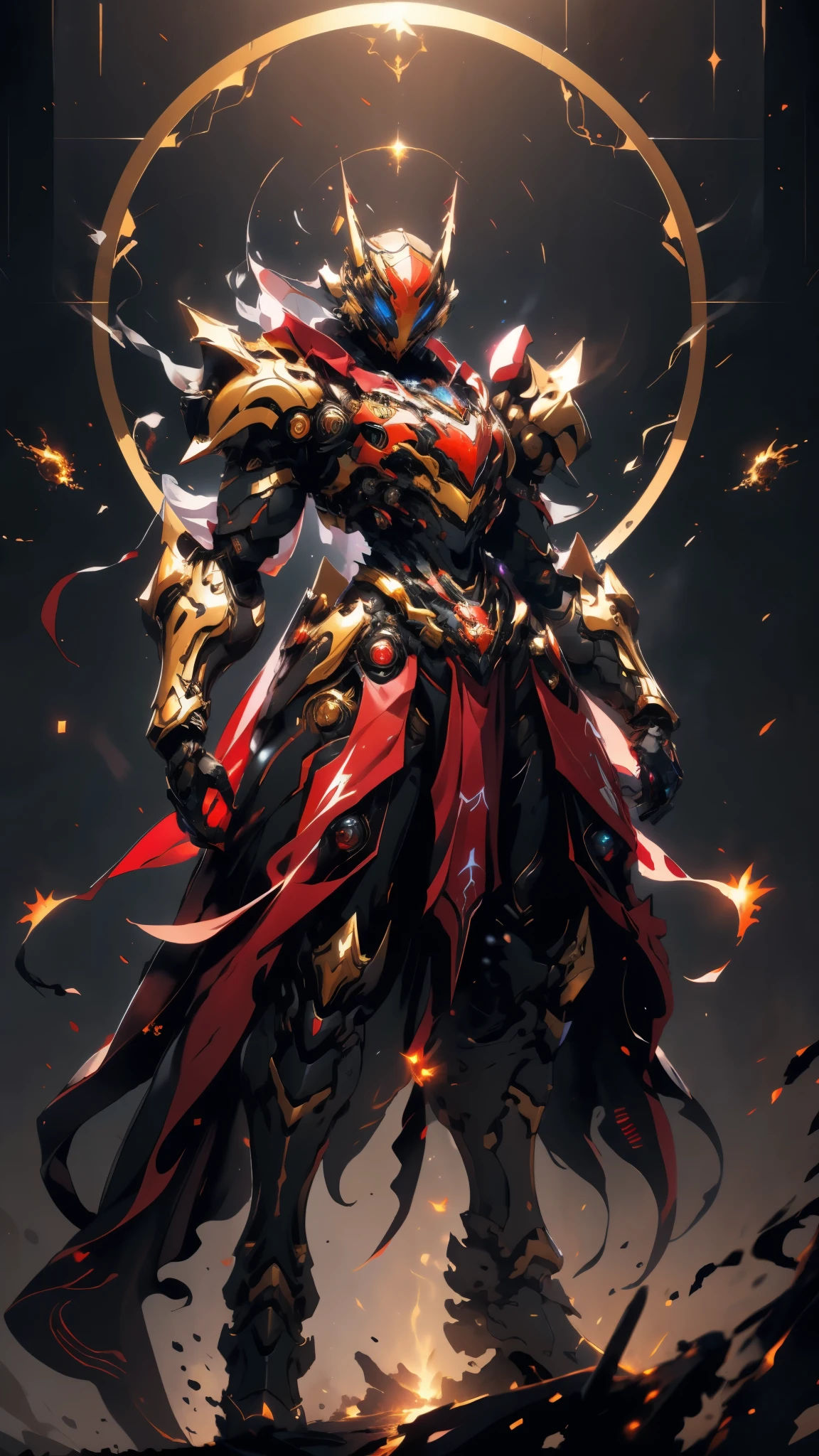 A woman adorned in fantasy-style full-body armor, a crown-concept fully enclosed helmet that unveils only her eyes, a composite layered chest plate, fully encompassing shoulder and hand guards, a lightweight waist armor, form-fitting shin guards, the overall design is heavy-duty yet flexible, ((the armor gleams with a golden glow, complemented by red and blue accents)), exhibiting a noble aura, she floats above a fantasy-surreal high-tech city, this character embodies a finely crafted fantasy-surreal style armored hero in anime style, exquisite and mature manga art style, (Queen bee mixed with Spider concept Armor, plasma, blood), ((Element, energy, elegant, goddess, femminine:1.5)), metallic, high definition, best quality, highres, ultra-detailed, ultra-fine painting, extremely delicate, professional, anatomically correct, symmetrical face, extremely detailed eyes and face, high quality eyes, creativity, RAW photo, UHD, 32k, Natural light, cinematic lighting, masterpiece-anatomy-perfect, masterpiece:1.5