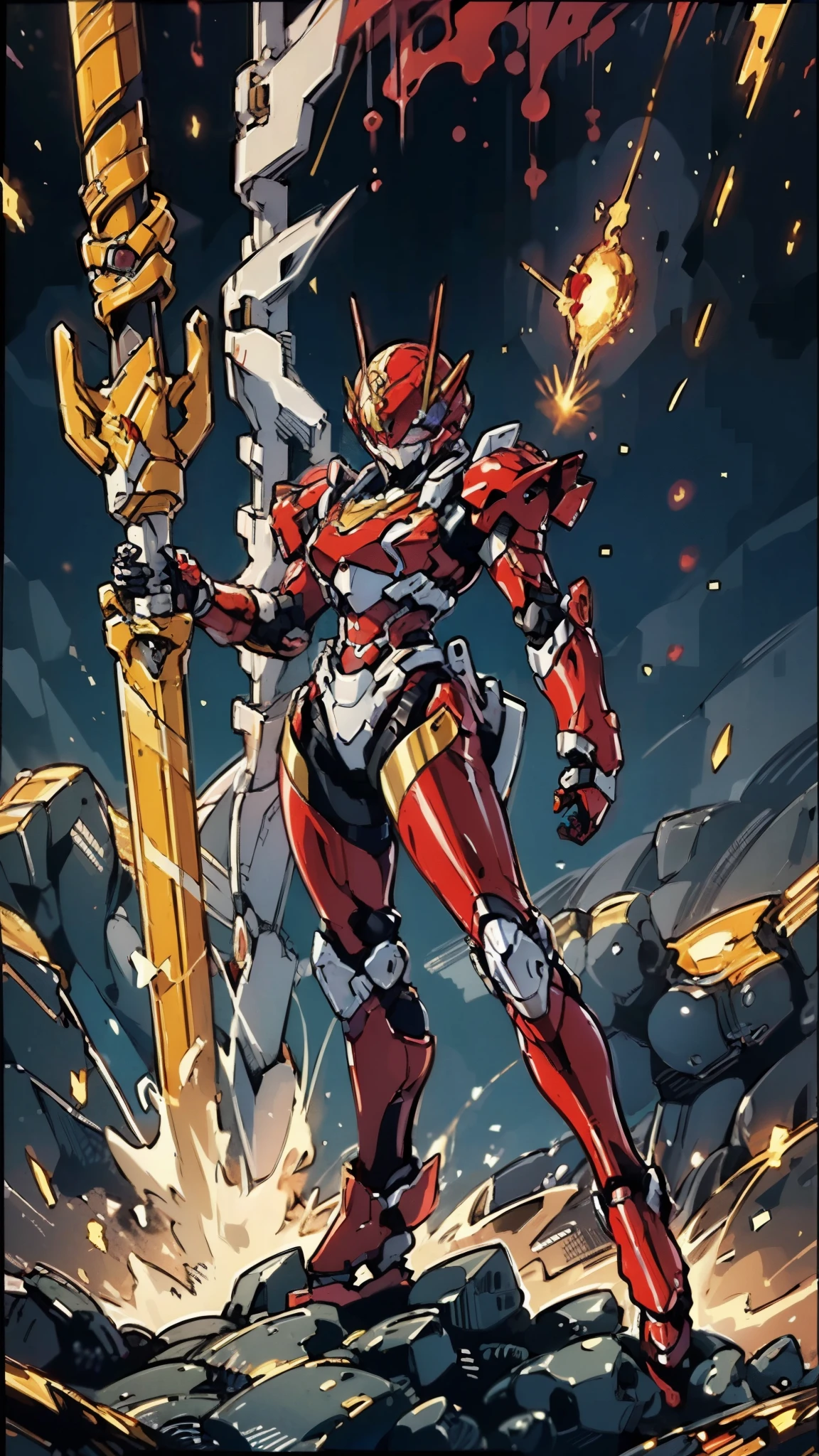 A woman adorned in fantasy-style full-body armor, a crown-concept fully enclosed helmet that unveils only her eyes, a composite layered chest plate, fully encompassing shoulder and hand guards, a lightweight waist armor, form-fitting shin guards, the overall design is heavy-duty yet flexible, ((the armor gleams with a golden glow, complemented by red and blue accents)), exhibiting a noble aura, she floats above a fantasy-surreal high-tech city, this character embodies a finely crafted fantasy-surreal style armored hero in anime style, exquisite and mature manga art style, (Queen bee mixed with Spider concept Armor, plasma, blood), ((Element, energy, elegant, goddess, femminine:1.5)), metallic, high definition, best quality, highres, ultra-detailed, ultra-fine painting, extremely delicate, professional, anatomically correct, symmetrical face, extremely detailed eyes and face, high quality eyes, creativity, RAW photo, UHD, 32k, Natural light, cinematic lighting, masterpiece-anatomy-perfect, masterpiece:1.5