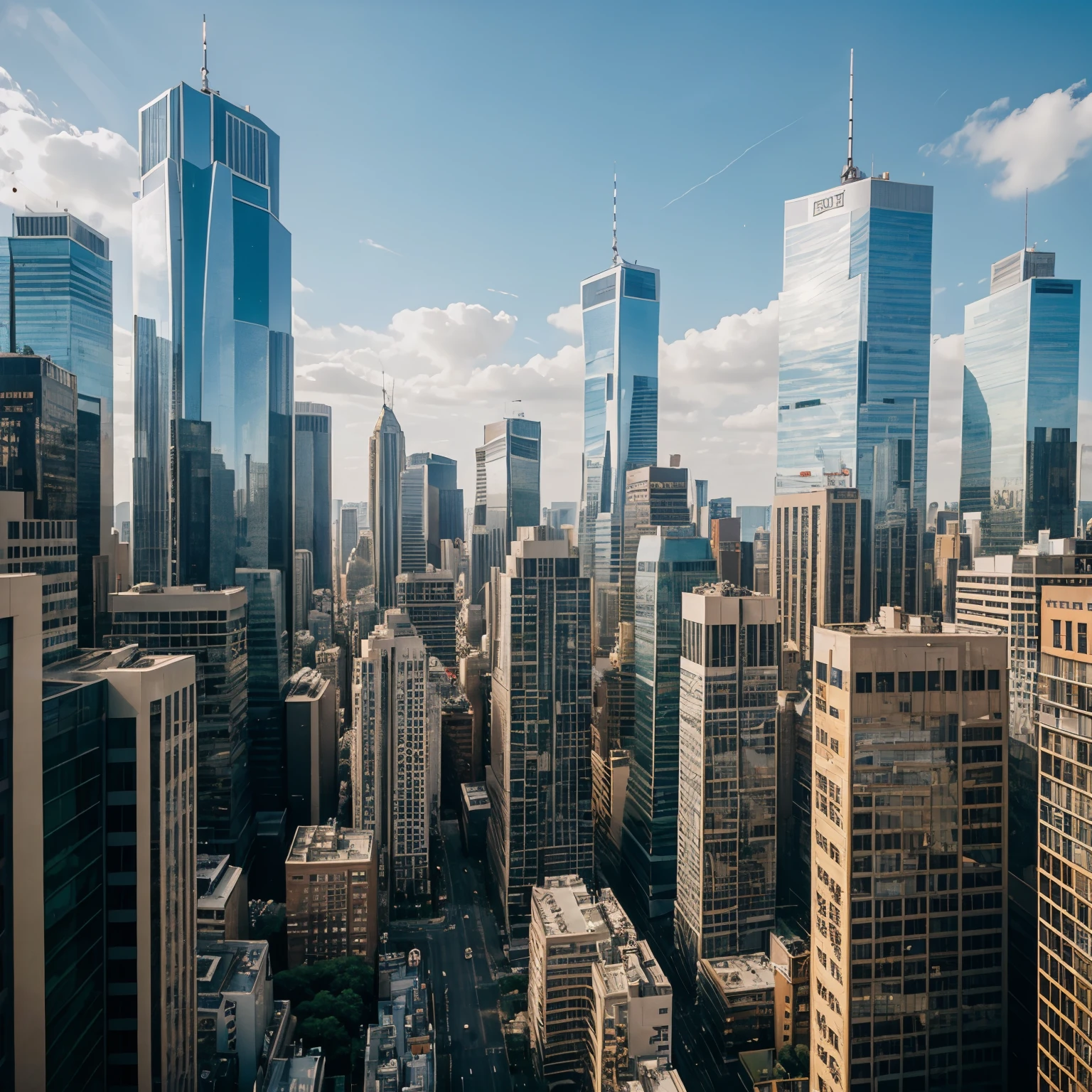 A bustling cityscape with tall buildings and crowded streets