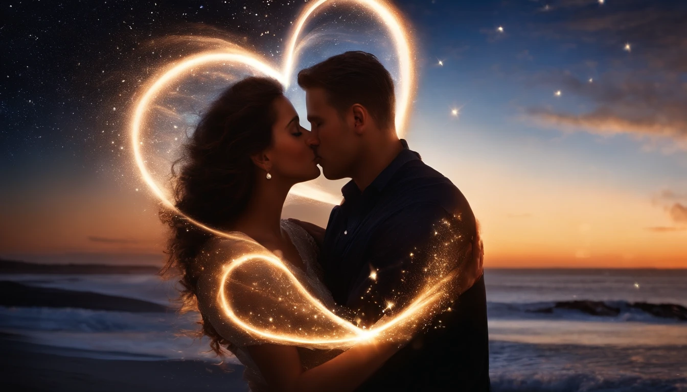 Romantic couple kissing in the wind，Boys and girlan and BBW, glowing stars，Glow effects，Heart-shaped bubbles，the night，romantic，The face is clear and accurate，detail in face，super-fine，beachside，16K resolution，high qulity，movie lighting，High picture detail，dynamic viewing angle，Detailed pubic hair，Epic shooting，oc rendered