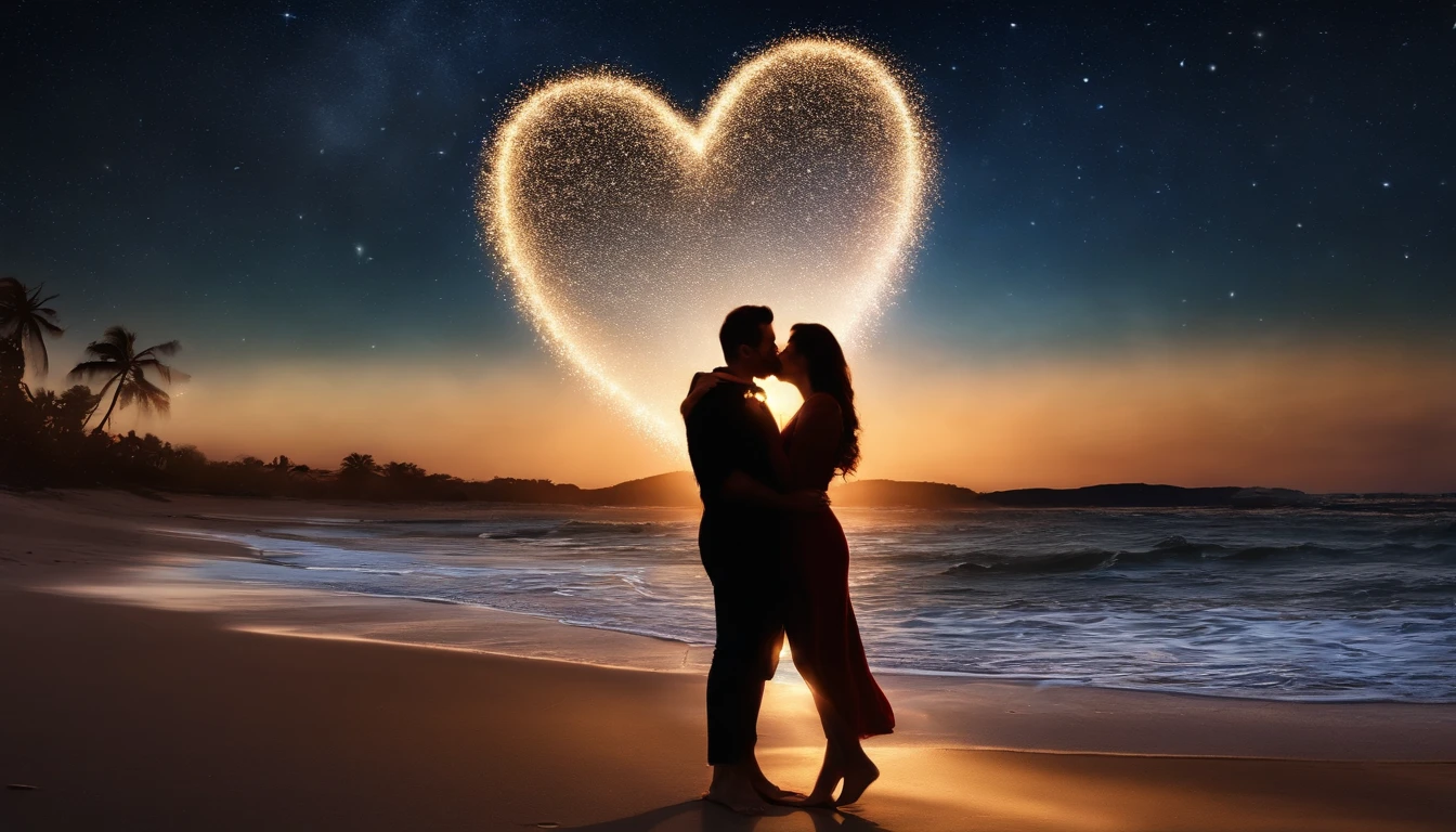 Romantic couple kissing in the wind，Boys and girlan and BBW, glowing stars，Glow effects，Heart-shaped bubbles，the night，romantic，The face is clear and accurate，detail in face，super-fine，beachside，16K resolution，high qulity，movie lighting，High picture detail，dynamic viewing angle，Detailed pubic hair，Epic shooting，oc rendered