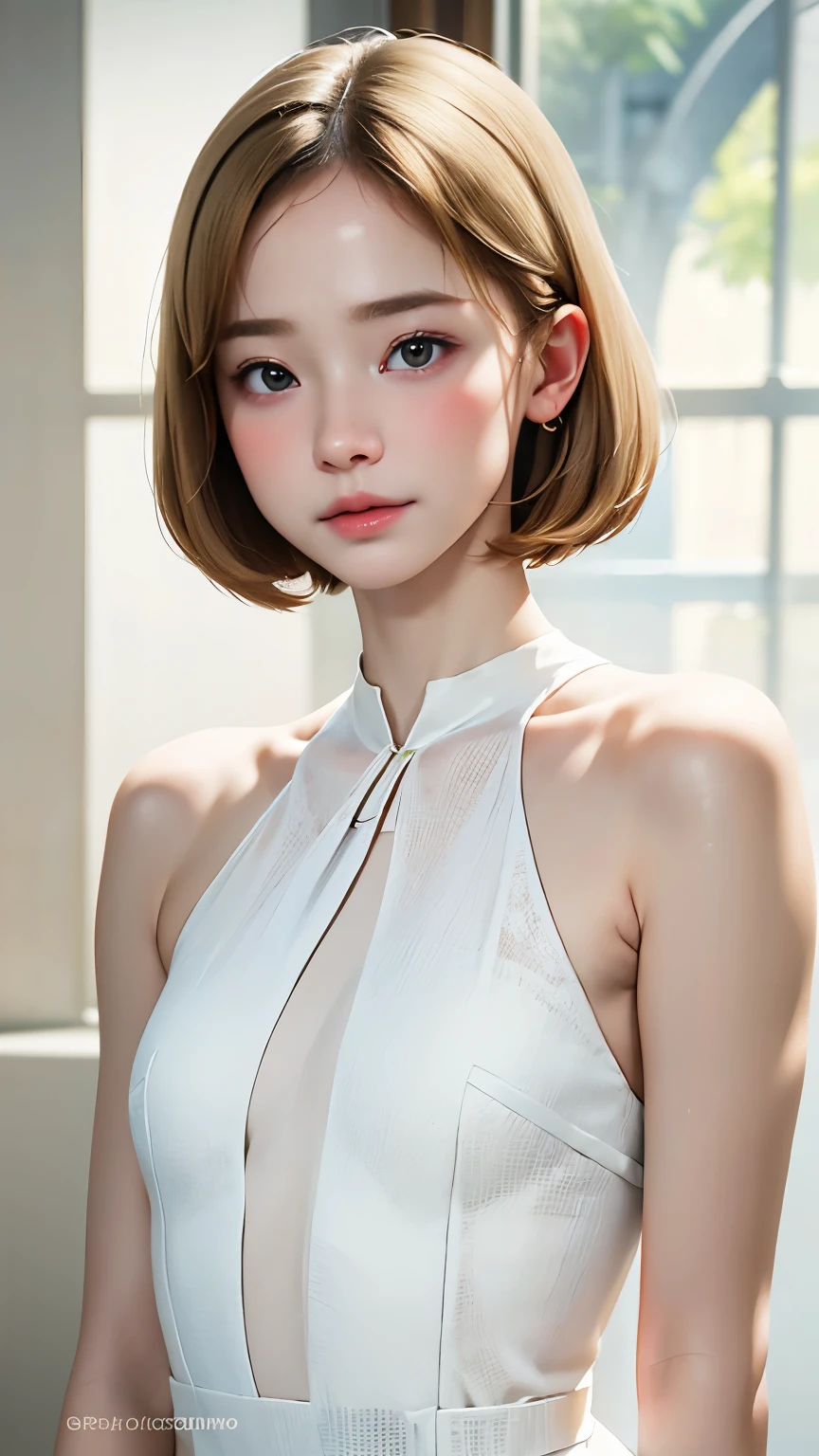 anatomy、realistic depiction of the human body、one woman、１６talent、very cute face、baby face、beige hair、unique short bob、small breasts、transparent skin、Immersive depiction、Also々new expression、realism、upper body angle、focus on the face、white elegant dress、blurred background、highest quality、ultra high resolution、best image quality、masterpiece、digital art、digital portrait、perfect lighting、professional photographer