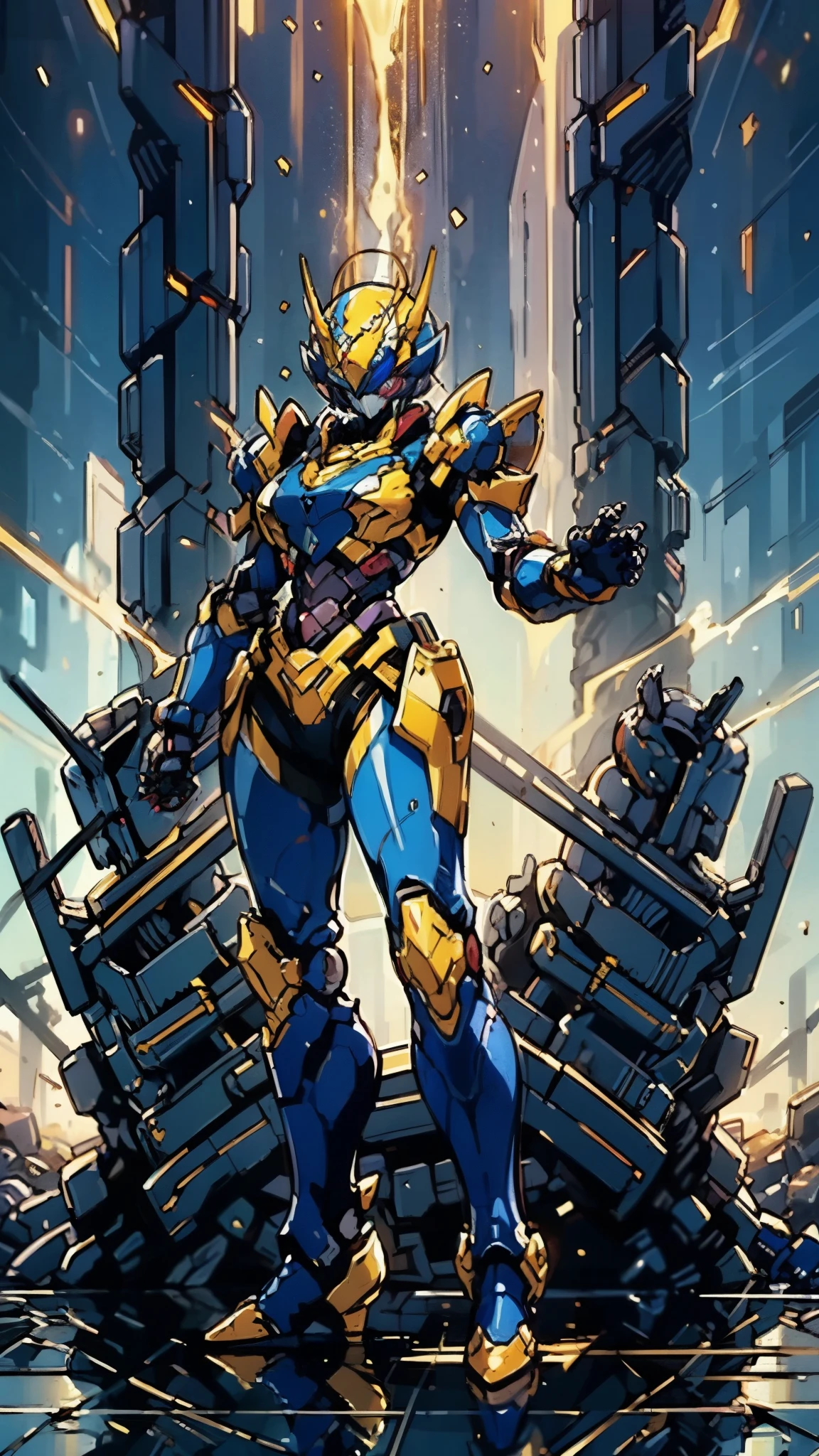 A woman adorned in fantasy-style full-body armor, a crown-concept fully enclosed helmet that unveils only her eyes, a composite layered chest plate, fully encompassing shoulder and hand guards, a lightweight waist armor, form-fitting shin guards, the overall design is heavy-duty yet flexible, ((the armor gleams with a golden glow, complemented by red and blue accents)), exhibiting a noble aura, she floats above a fantasy-surreal high-tech city, this character embodies a finely crafted fantasy-surreal style armored hero in anime style, exquisite and mature manga art style, (Queen bee mixed with Spider concept Armor, plasma, blood), ((Element, energy, elegant, goddess, femminine:1.5)), metallic, high definition, best quality, highres, ultra-detailed, ultra-fine painting, extremely delicate, professional, anatomically correct, symmetrical face, extremely detailed eyes and face, high quality eyes, creativity, RAW photo, UHD, 32k, Natural light, cinematic lighting, masterpiece-anatomy-perfect, masterpiece:1.5