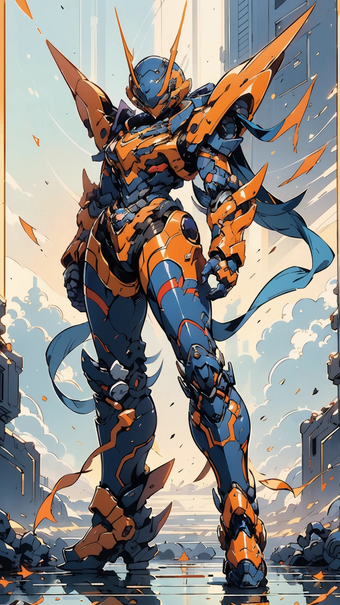 A woman adorned in fantasy-style full-body armor, a crown-concept fully enclosed helmet that unveils only her eyes, a composite layered chest plate, fully encompassing shoulder and hand guards, a lightweight waist armor, form-fitting shin guards, the overall design is heavy-duty yet flexible, ((the armor gleams with a golden glow, complemented by red and blue accents)), exhibiting a noble aura, she floats above a fantasy-surreal high-tech city, this character embodies a finely crafted fantasy-surreal style armored hero in anime style, exquisite and mature manga art style, (Queen bee mixed with Spider concept Armor, plasma, blood), ((Element, energy, elegant, goddess, femminine:1.5)), metallic, high definition, best quality, highres, ultra-detailed, ultra-fine painting, extremely delicate, professional, anatomically correct, symmetrical face, extremely detailed eyes and face, high quality eyes, creativity, RAW photo, UHD, 32k, Natural light, cinematic lighting, masterpiece-anatomy-perfect, masterpiece:1.5