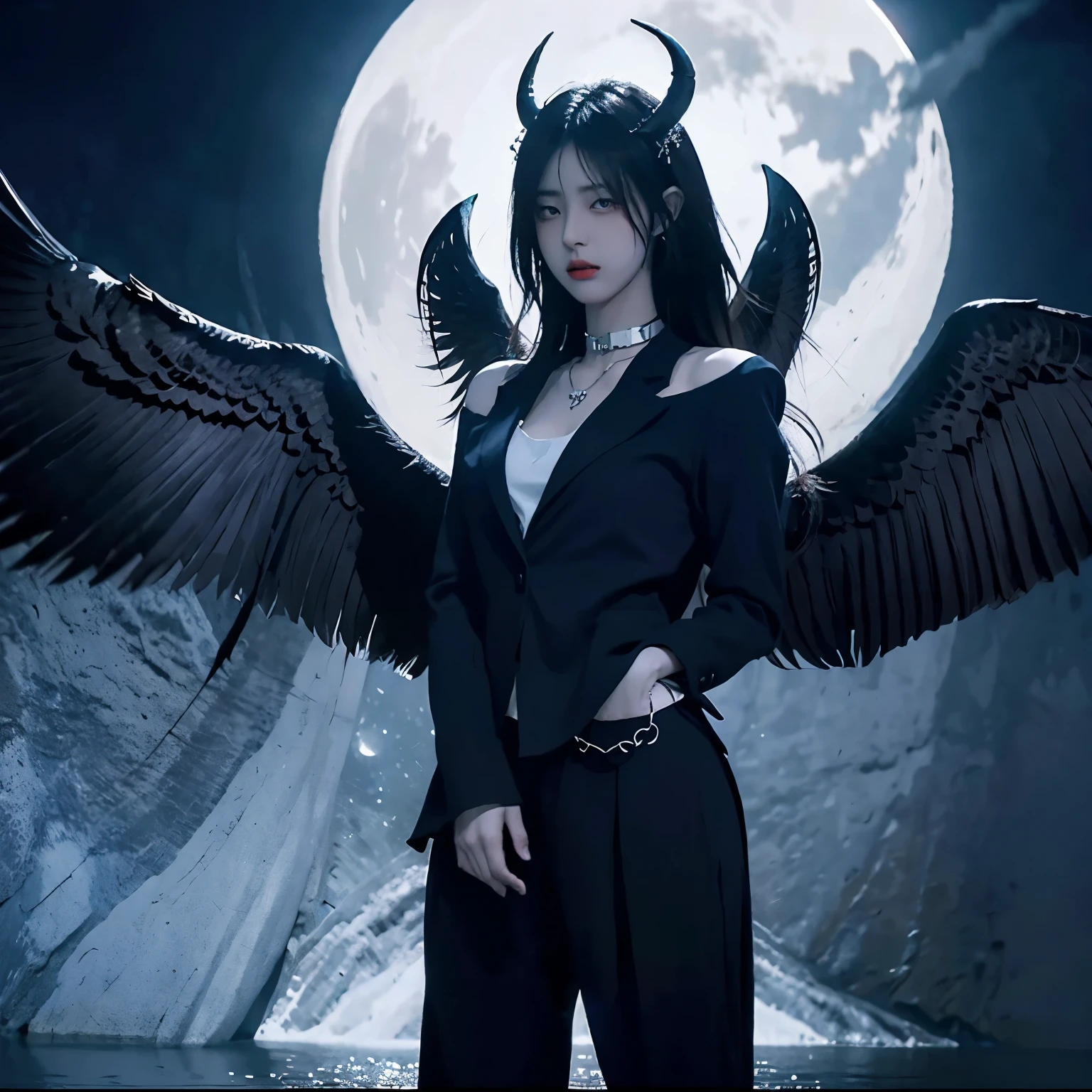 Bondage, tied up,satanic necklace,choker, black suit, suit with tie, black veil, satanic earing,standing in the lake with moon in the sky, angel, wings, White wings, holy girl, horns, lucifer, bdsm