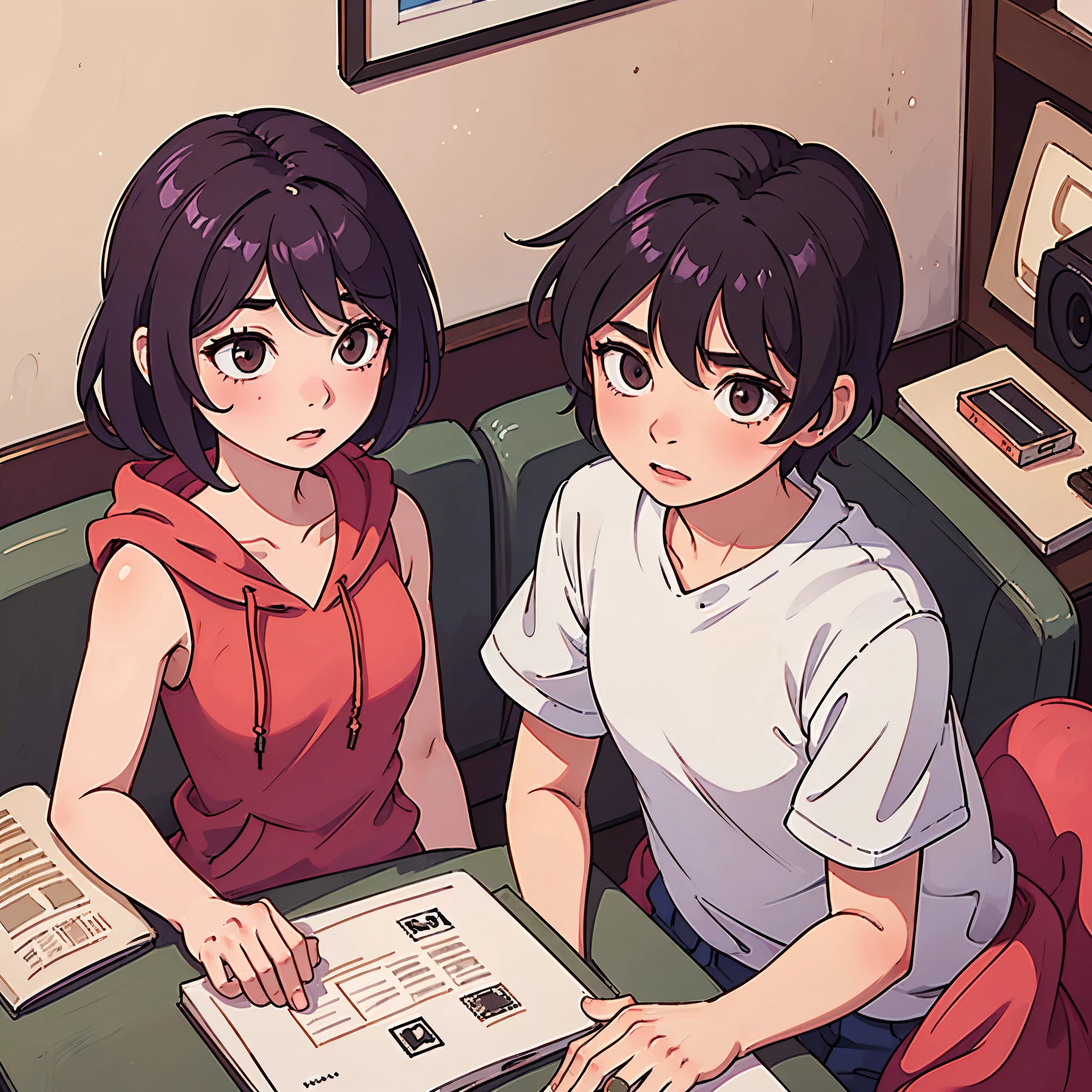 A couple of a girl and a boy sitting at a table with laptops and notebooks in a beautiful study room and discussing. Girl with long hair, boy with short cut hair. Girl wearing pink sleeveless tshirt and boy wearing a red hoodie. Only two people in the image.