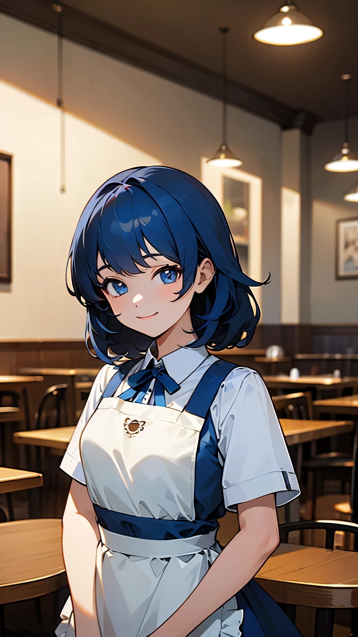 masterpiece、highest quality、High resolution、very detailed、detailed background、1 girl、white blouse、blue skirt、upper body up、dark blue hair、blue eyes、smile、Apron appearance、((indoor、morning、Cafe))、sharp outline