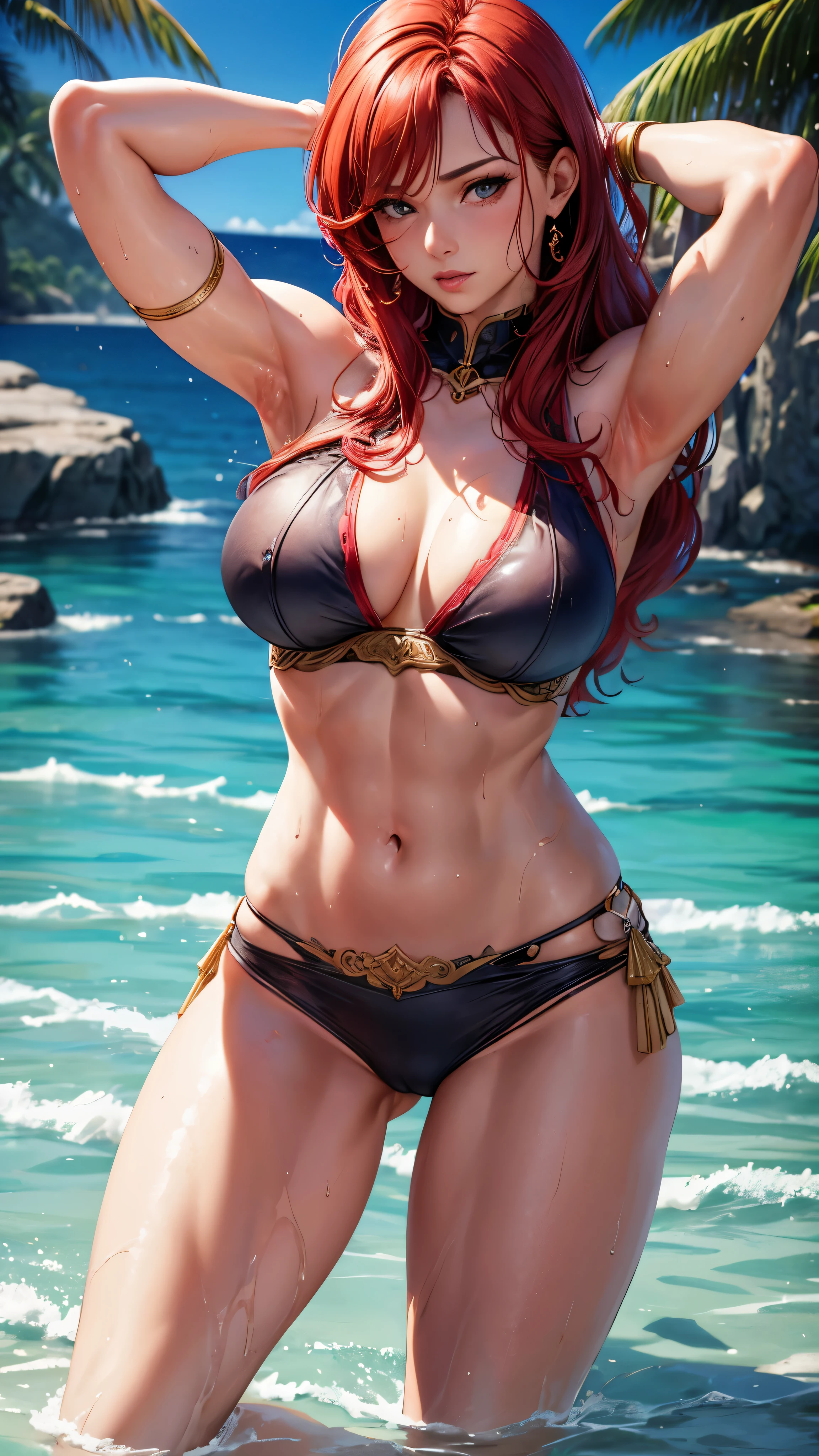 1 girl,mature women,navel,sea girl,rose tattoo in body, armpit flex,wet,seductive,tall,navel,UHD,(Realistic), red hair,waist,big thigh,big ,little wide waist,biceps
