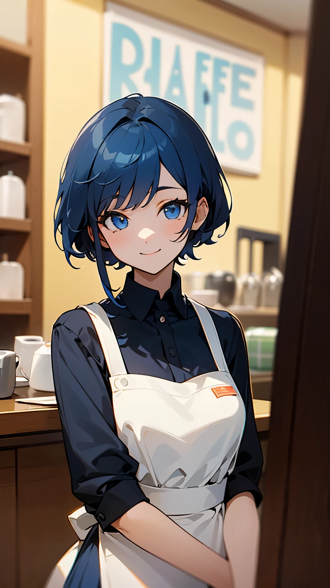 1 girl、white blouse、blue skirt、upper body up、dark blue hair、blue eyes、smile、Apron appearance、((indoor、morning、Cafe))、sharp outline、upper body close-up