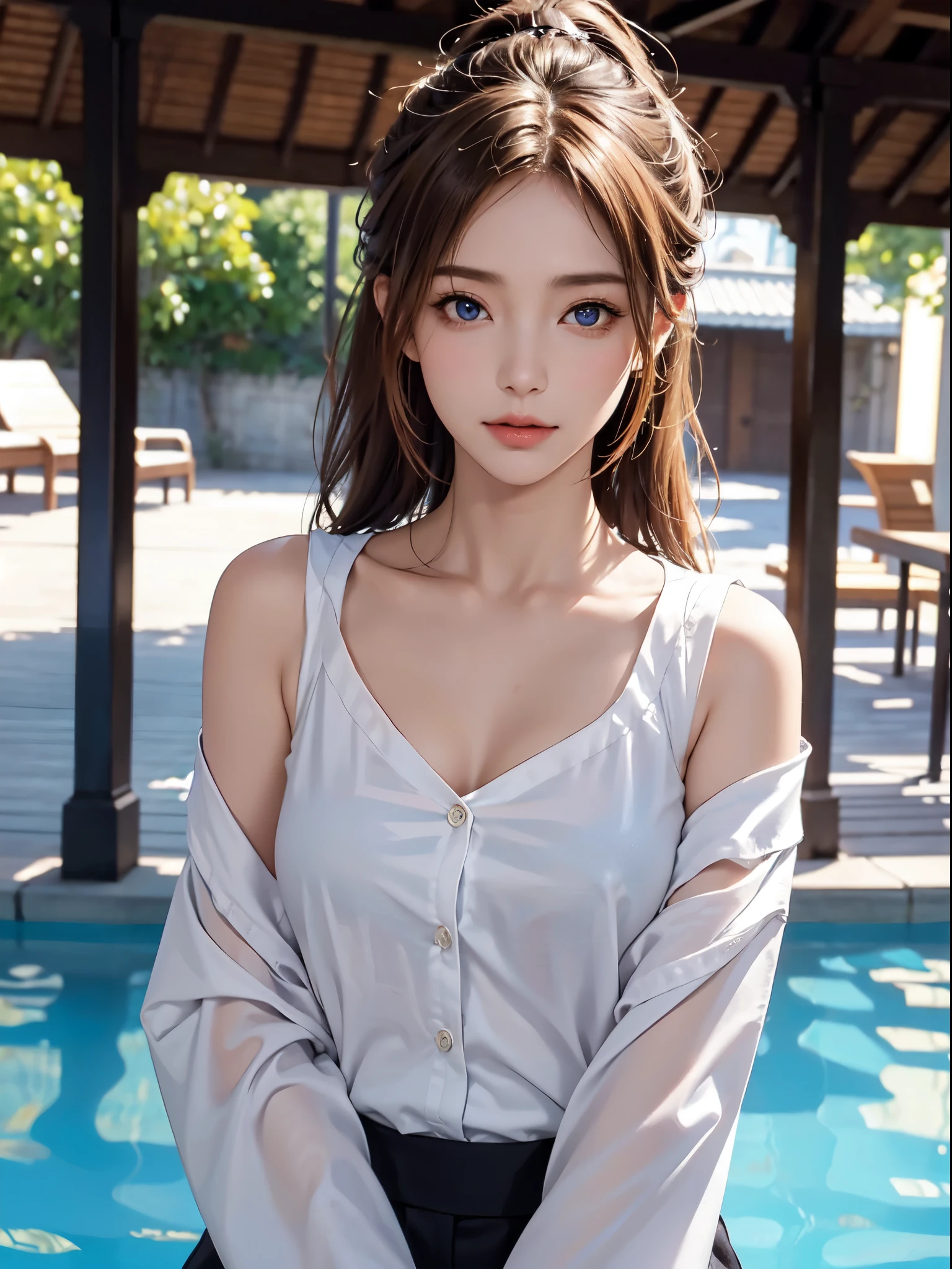 table top, 最high quality, high quality, High resolution, high qualityな質感, high qualityの影, high detail, beautiful, finely, Highly detailed CG, detailed texture, realistic facial expression, realistic, colorful, delicate, cinematic light, side light, Lens flare, ray tracing, sharp focus, (intricate details, compensate, Pueros face_v1:0.5), (詳細な美しくdelicateな顔, finely美しくdelicateな目, perfectly proportioned face, high definition skin, fine skin, Optimal ratio of 4 fingers and 1 thumb, upper body shot, ((breasts are exposed)),(small breasts), (cleavage), ((smooth texture, realistic texture, realistic)), (緻密なbeautiful目, beautifulまつげ, green eyes), (blonde semi-long hair, ponytail), 1 female, by the pool, (((sailor shirt, No sleeve, Front opening))), (beautiful顔, cute face, detailed face), (((Sunny))), Perfect Eyes Eyes
