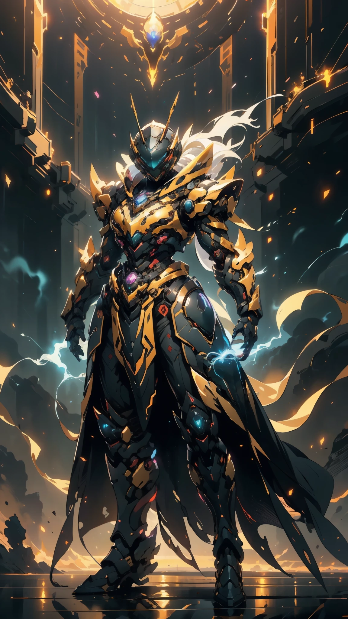 A woman adorned in fantasy-style full-body armor, a crown-concept fully enclosed helmet that unveils only her eyes, a composite layered chest plate, fully encompassing shoulder and hand guards, a lightweight waist armor, form-fitting shin guards, the overall design is heavy-duty yet flexible, ((the armor gleams with a golden glow, complemented by red and blue accents)), exhibiting a noble aura, she floats above a fantasy-surreal high-tech city, this character embodies a finely crafted fantasy-surreal style armored hero in anime style, exquisite and mature manga art style, (Queen bee mixed with Spider concept Armor, plasma, blood), ((Element, energy, elegant, goddess, femminine:1.5)), metallic, high definition, best quality, highres, ultra-detailed, ultra-fine painting, extremely delicate, professional, anatomically correct, symmetrical face, extremely detailed eyes and face, high quality eyes, creativity, RAW photo, UHD, 32k, Natural light, cinematic lighting, masterpiece-anatomy-perfect, masterpiece:1.5