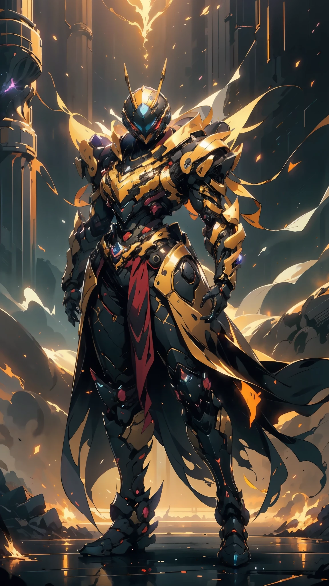 A woman adorned in fantasy-style full-body armor, a crown-concept fully enclosed helmet that unveils only her eyes, a composite layered chest plate, fully encompassing shoulder and hand guards, a lightweight waist armor, form-fitting shin guards, the overall design is heavy-duty yet flexible, ((the armor gleams with a golden glow, complemented by red and blue accents)), exhibiting a noble aura, she floats above a fantasy-surreal high-tech city, this character embodies a finely crafted fantasy-surreal style armored hero in anime style, exquisite and mature manga art style, (Queen bee mixed with Spider concept Armor, plasma, blood), ((Element, energy, elegant, goddess, femminine:1.5)), metallic, high definition, best quality, highres, ultra-detailed, ultra-fine painting, extremely delicate, professional, anatomically correct, symmetrical face, extremely detailed eyes and face, high quality eyes, creativity, RAW photo, UHD, 32k, Natural light, cinematic lighting, masterpiece-anatomy-perfect, masterpiece:1.5
