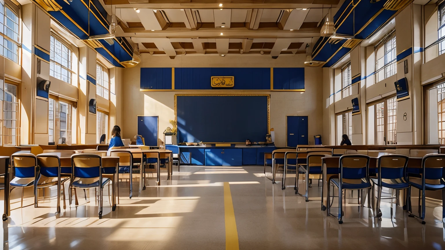 Most Luxurious and largest High School classroom, with blue and gold color, kids entering school, realistic, 4k, symetrical, wide angle