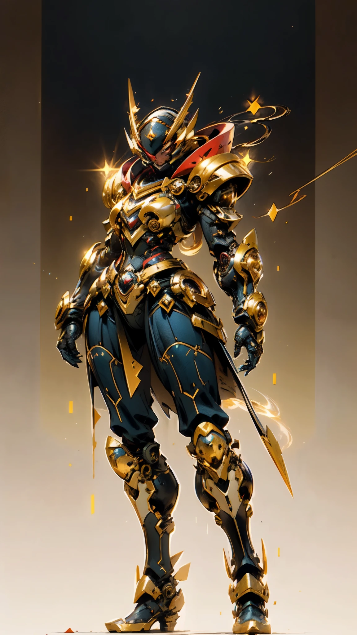 A woman adorned in fantasy-style full-body armor, a crown-concept fully enclosed helmet that unveils only her eyes, a composite layered chest plate, fully encompassing shoulder and hand guards, a lightweight waist armor, form-fitting shin guards, the overall design is heavy-duty yet flexible, ((the armor gleams with a golden glow, complemented by red and blue accents)), exhibiting a noble aura, she floats above a fantasy-surreal high-tech city, this character embodies a finely crafted fantasy-surreal style armored hero in anime style, exquisite and mature manga art style, (Queen bee mixed with Spider concept Armor, plasma, blood), ((Element, energy, elegant, goddess, femminine:1.5)), metallic, high definition, best quality, highres, ultra-detailed, ultra-fine painting, extremely delicate, professional, anatomically correct, symmetrical face, extremely detailed eyes and face, high quality eyes, creativity, RAW photo, UHD, 32k, Natural light, cinematic lighting, masterpiece-anatomy-perfect, masterpiece:1.5