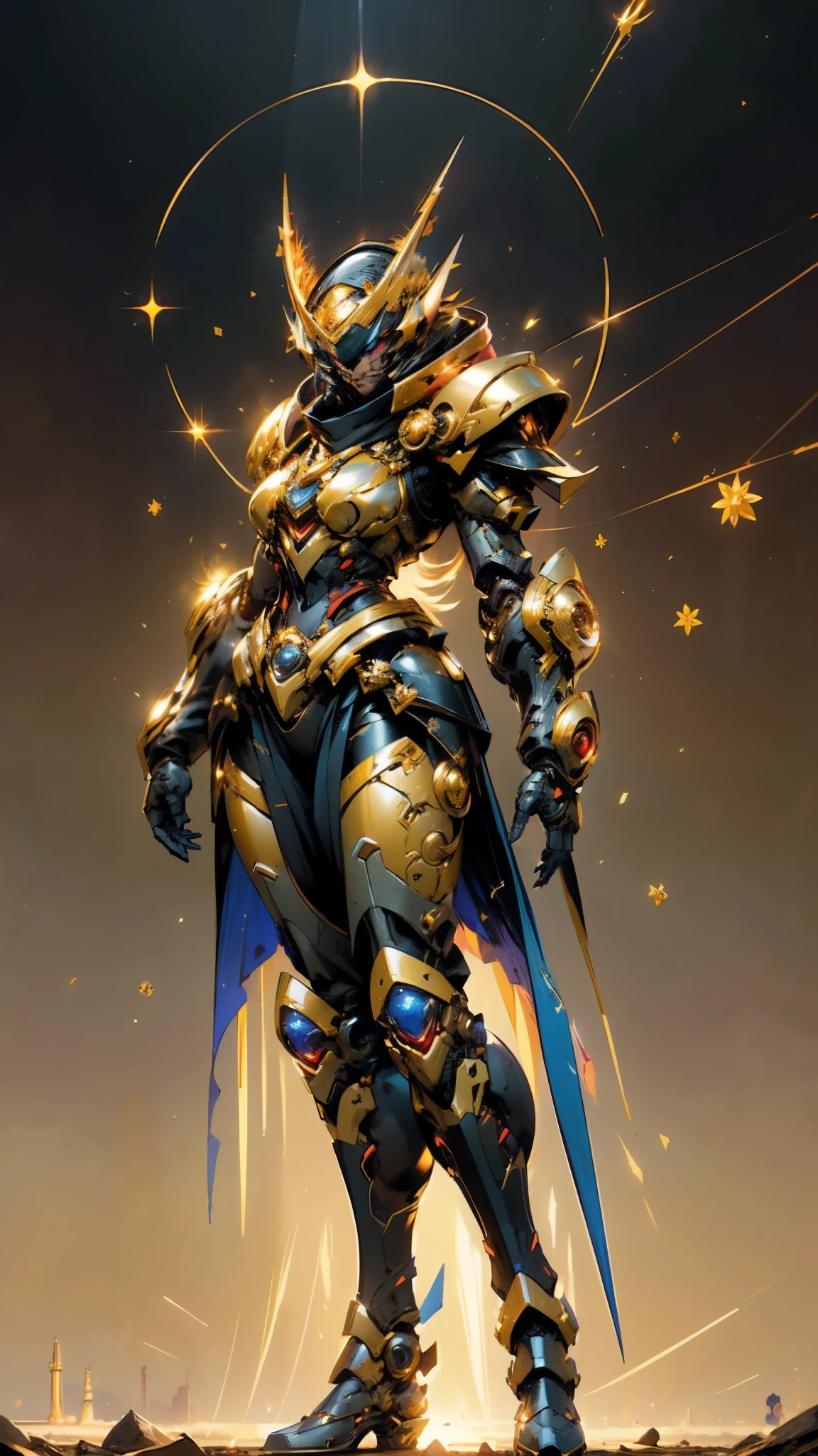 A woman adorned in fantasy-style full-body armor, a crown-concept fully enclosed helmet that unveils only her eyes, a composite layered chest plate, fully encompassing shoulder and hand guards, a lightweight waist armor, form-fitting shin guards, the overall design is heavy-duty yet flexible, ((the armor gleams with a golden glow, complemented by red and blue accents)), exhibiting a noble aura, she floats above a fantasy-surreal high-tech city, this character embodies a finely crafted fantasy-surreal style armored hero in anime style, exquisite and mature manga art style, (Queen bee mixed with Spider concept Armor, plasma, blood), ((Element, energy, elegant, goddess, femminine:1.5)), metallic, high definition, best quality, highres, ultra-detailed, ultra-fine painting, extremely delicate, professional, anatomically correct, symmetrical face, extremely detailed eyes and face, high quality eyes, creativity, RAW photo, UHD, 32k, Natural light, cinematic lighting, masterpiece-anatomy-perfect, masterpiece:1.5