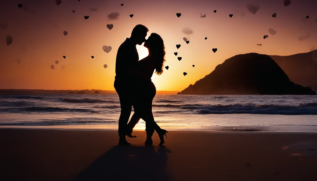 Silhouette of romantic couple kissing in the wind,Boy and girl, man and BBW, thin guy and fat woman, curvy, glowing stars,Glow effects,Heart-shaped bubbles,the night,romance,super-fine,beachside,16K resolution,high qulity,movie lighting,High picture detail,dynamic viewing angle,Epic shooting,oc rendered, deep love, shimmering, splashing, beautiful masterpiece, UHD, 8K