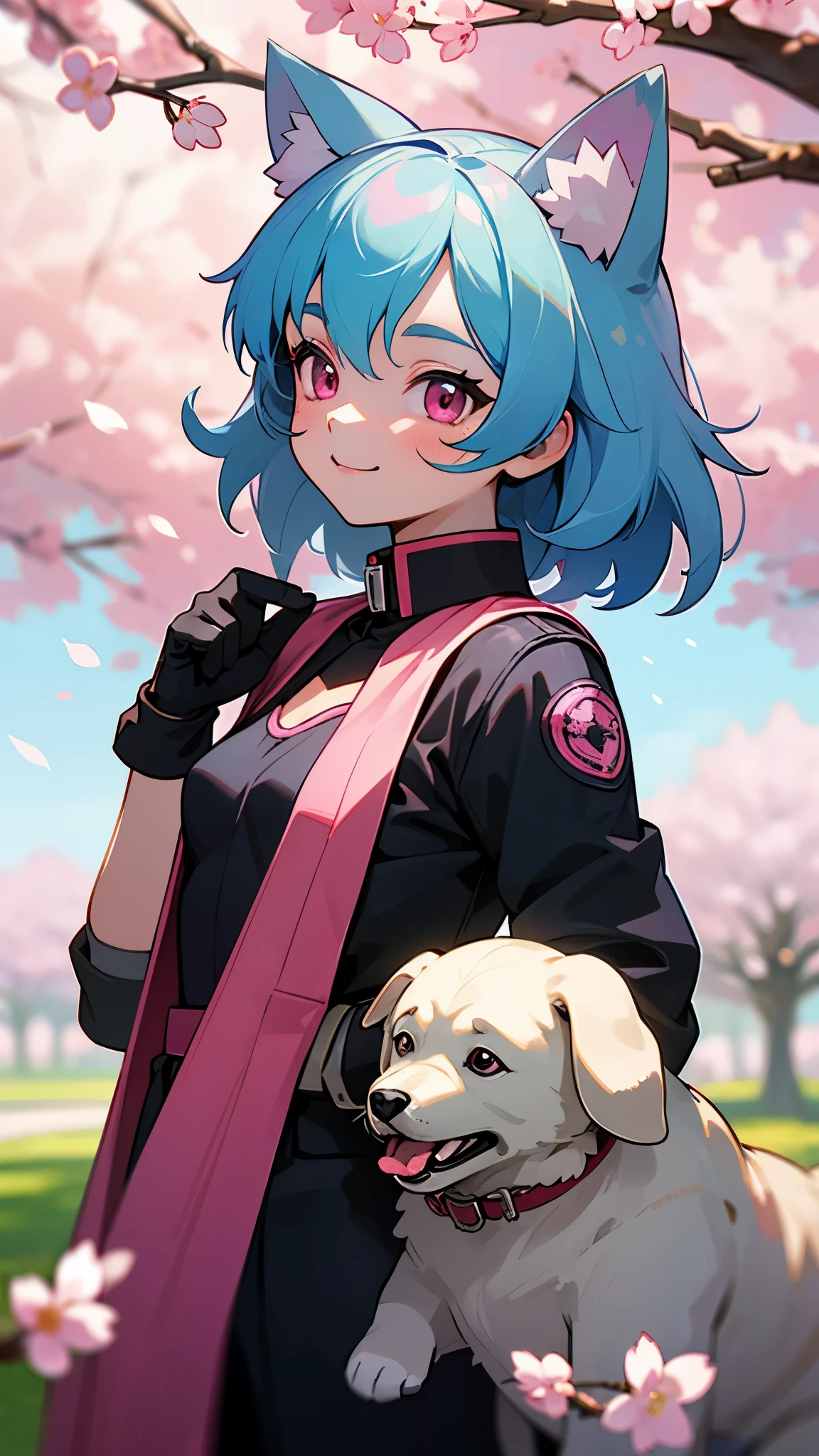 (highest quality、Extra fine、real)、Genki Girl、small breasts、riders jacket、light blue hair、dog ears、pink eyes、From the side、gloves、bright smile、stand in front of a cherry tree、upper body close-up、cherry blossom park、sharp outline