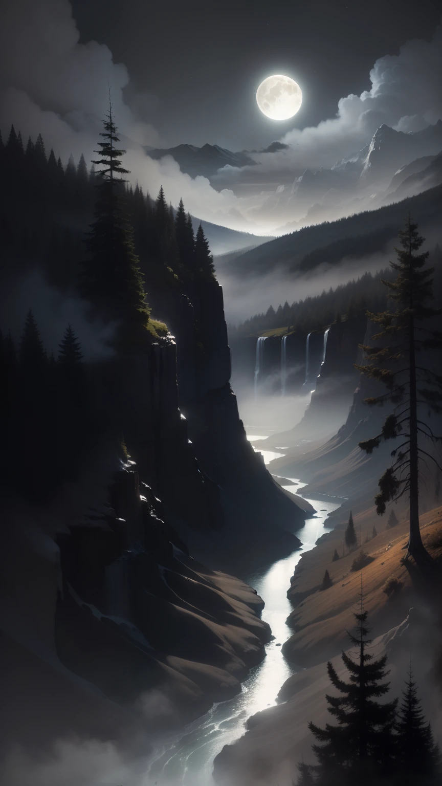 Masterpiece, best quality, beautiful night scene, with vast sky, continuous mountains and steep cliffs, paint wash style, contour light, atmospheric atmosphere, depth of field, rising mist, ((Lush Forest of Millennial Oaks)) , waterfall running water, big full moon, (No color), Monochrome, light color 