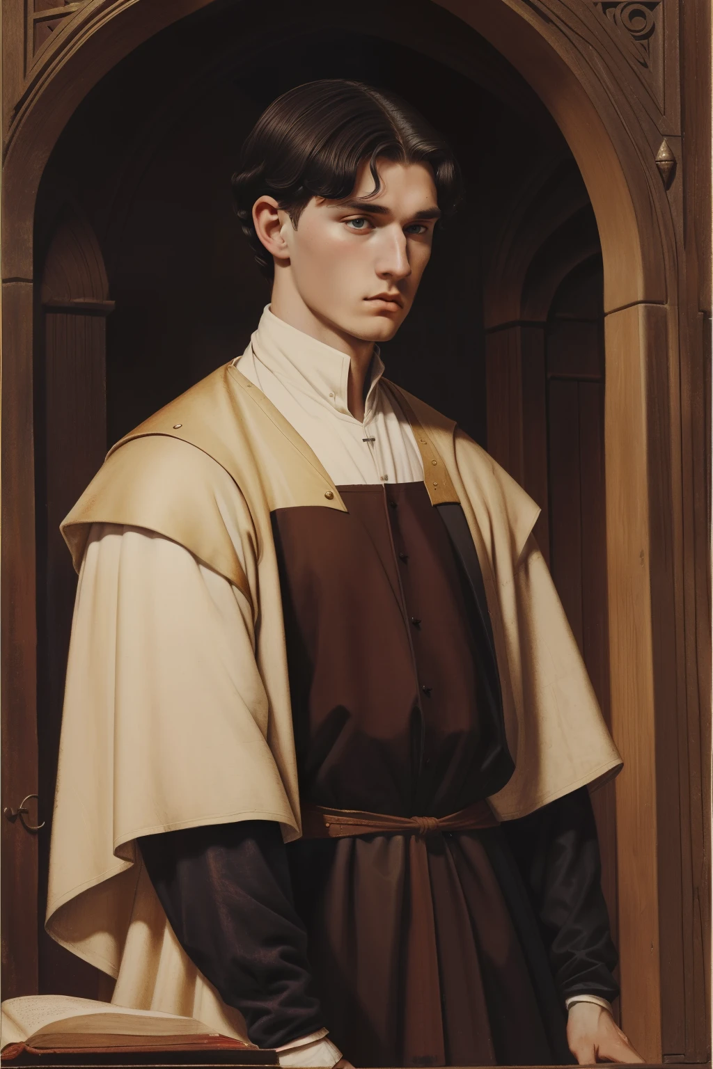England, 1327. A young ((((22-year-old)) Ralph Fitzgerald)), intense eyes, ambitious, tall, athletic, being judged in a trial, defendant, ((ashamed and scared expression)). ((((clothings from the 1300s)))), ((dark hairstyle of the 1300s))