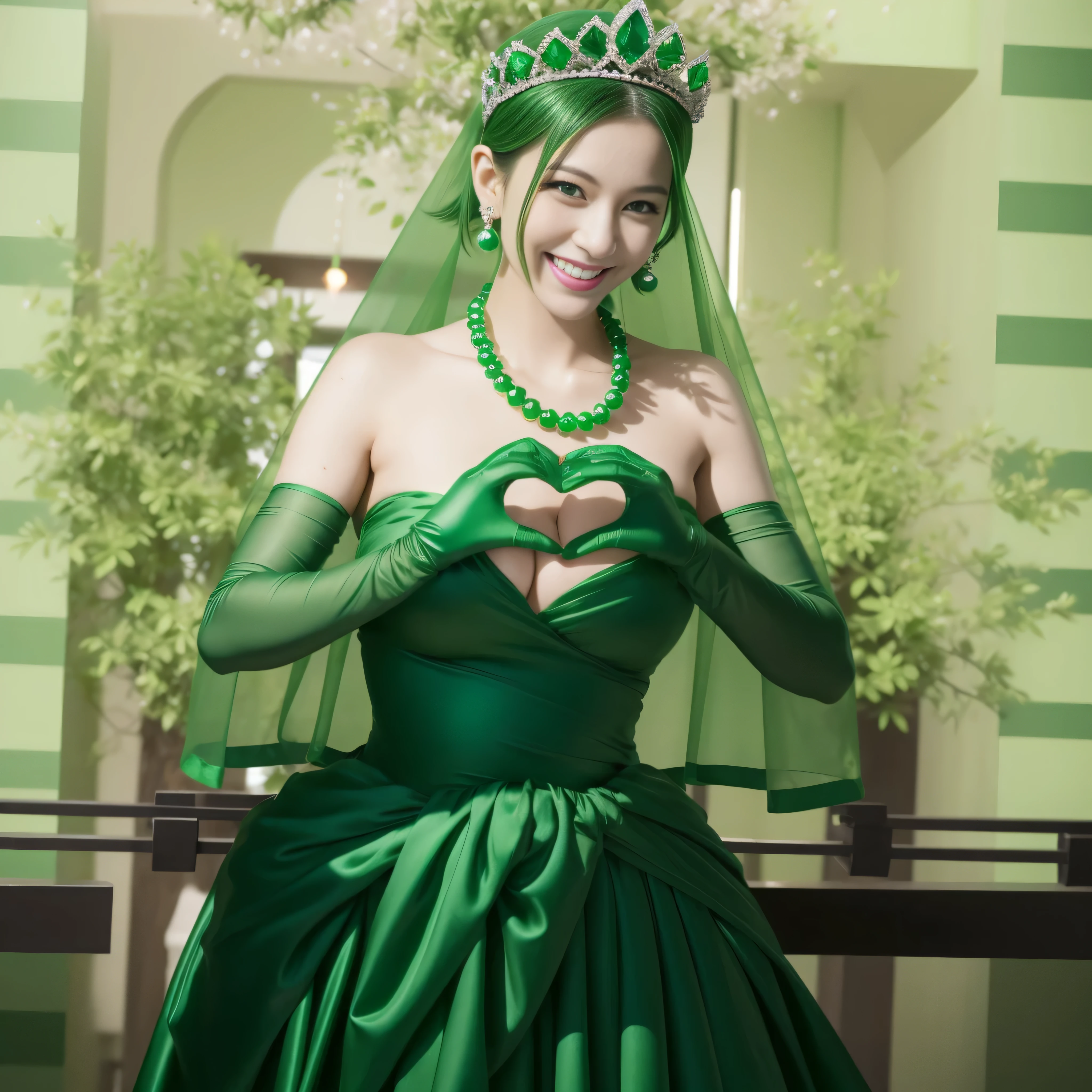 emerald tiara, Green Pearl Necklace, Boyish green berry short hair, lipstick, smiling Japanese woman, very short hair, big breasts beautiful, green eyes, green satin long gloves, green eyes, v sign, emerald earrings, Green veil, green lip gloss, pregnant woman, pregnancy
