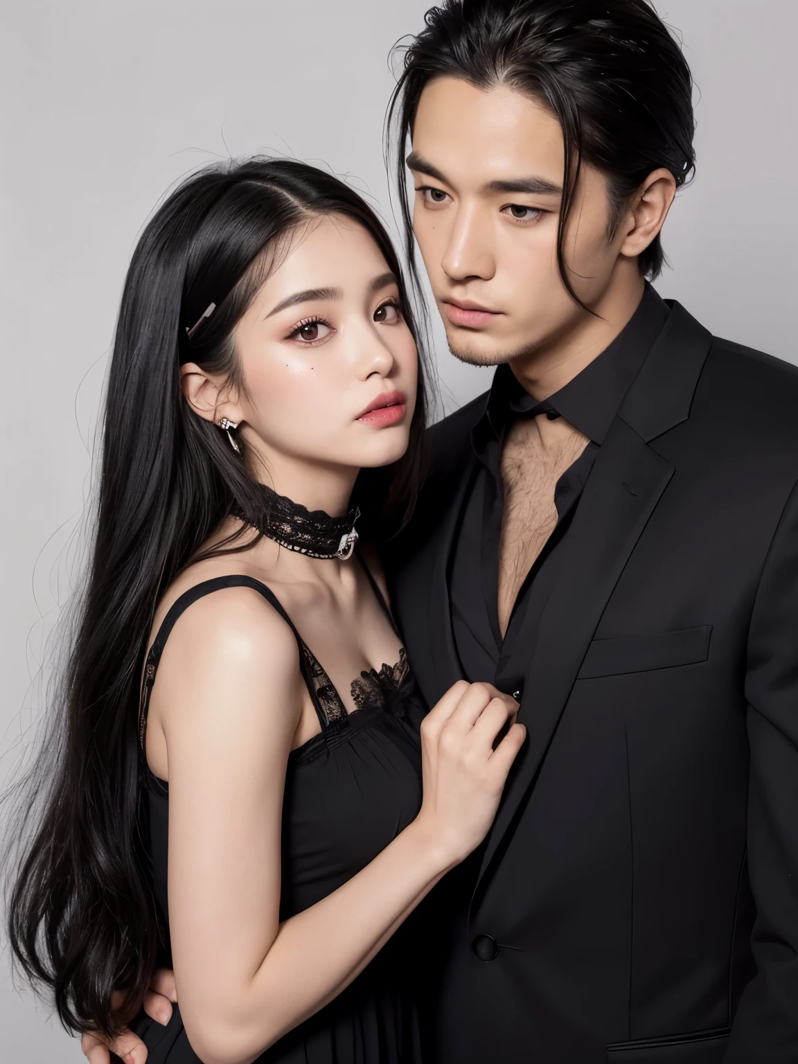 Kim Jennie con el cabello negro oscuro, con rulos en las puntas del cabello negro oscuro, con un ganchito de estrella en el cabello negro oscuro, ojos de color claro, ojos bonitos, ojos llorosos, nariz bonita y respingada, labios bonitos, labios rosas, heart and cupid shaped lip, piel bonita, pale, white skin, con lunares y pecas en todo el rostro, rubor rosa suave en las mejilla, rubor rosa natural, dark and gothic makeup, Jennie gotica, mientras ella esta con un chico lindo a su lado, with a cute asian boy standing next to her, mientras hay un torso de hombre, mientras el hombre'His hand is on her jaw., manos bonitas de hombre, with a gothic boy, cuellos bonito, cuello marcado, frown, mirada enojada, con un collar de beso, un collar bonito de beso, mientras sus pezones son notorios (pechos grandes, pechos suaves, pechos bonitos, pechos naturales), con un vestido blanco, vestido corto y transparente, visible on nipple, con un chico a su lado, con su novio, mirando a la camara, autofoto