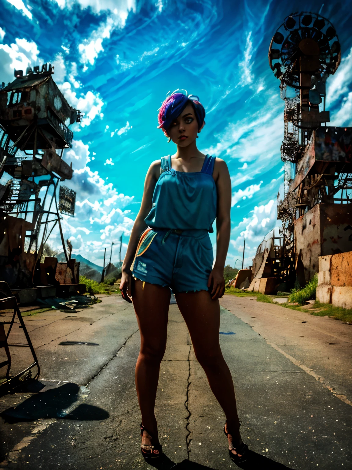 the girl with blue short hair, Hollywood movie, dawn, apocalypse, abandoned amusement park, multicolored hair, bangs, hair behind ear, pixie cut, crazy eyes, color contact lenses, crazy, naughty face, Surrealism, god rays, Fujifilm, Eye-Level Shot, atmospheric perspective, high details, high quality, best quality, highres, 4K, ccurate, masterpiece