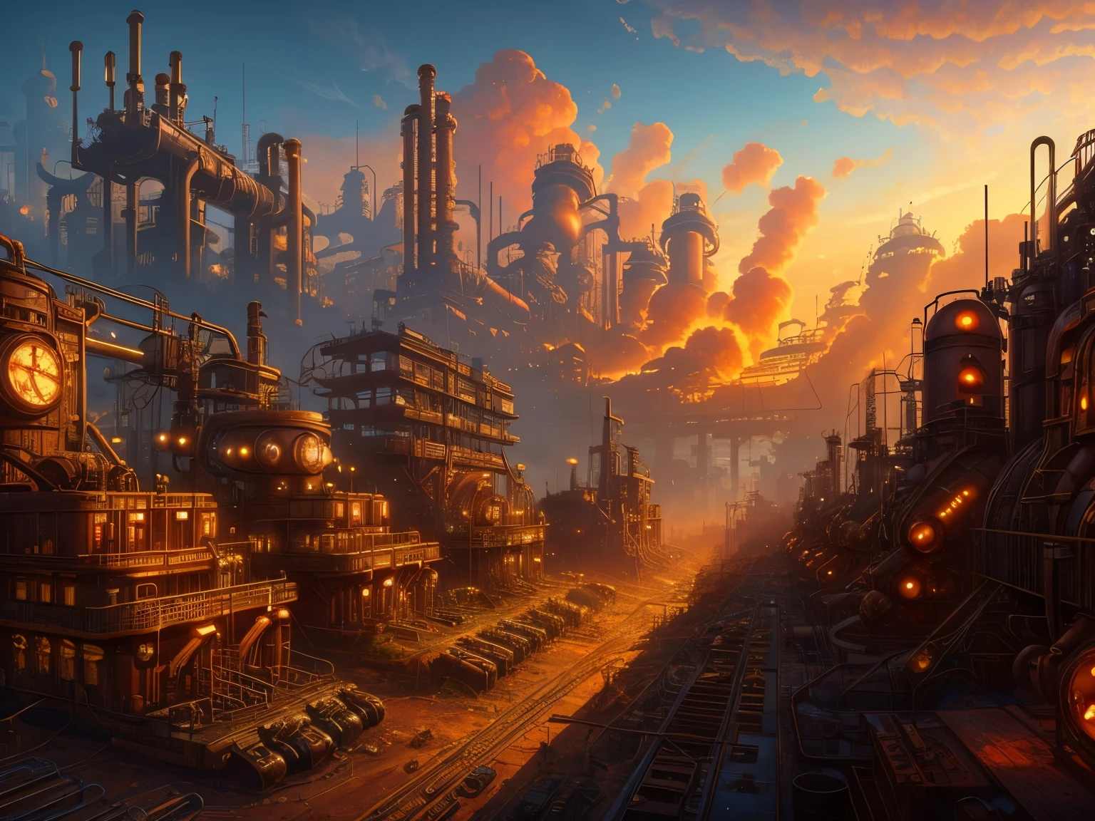 Looking up at the cityscape of a steampunk world　low saturation　Brown theme　Life　gear road　pipe　factory　digital concept art of dystopian　dim