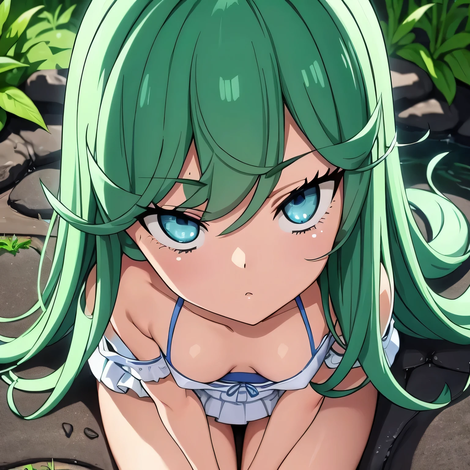 Clear brook,Surrounded by lush gardens。in the center of the garden,An elementary school girl wearing a cool summer uniform is sitting by the flower bed。she has long green hair and emerald green eyes,like々Create a fun atmosphere。The sun shines through the gaps in the leaves, cast colorful spots,shine in her eyes,Reflecting the crystal tears falling on my cheeks。she is crying quietly,
her clothes are neat and fresh,Close-fitting white top shows off her flat chest,Pointed nipples stick out a little。she wears transparent white panties,Gently adjusts the body line。when she cries,she hid her breasts with her hands,full of embarrassment and embarrassment。under the sun,her body seems to be floating in the air,Exudes a mysterious and charming charm。
This image is displayed in the highest possible quality,In 4K、8K delicacies,extreme details。The light effect is natural and realistic,people々々~give an immersive feel to。The whole painting has a sculptural effect..,Demonstrate professional artistic skills。the colors are bright and vivid,Set contrast and saturation boldly,Make the whole picture more vivid and interesting。The background lighting is elegant and soft,Create a warm and calm atmosphere。
squat、I can see white pants、I can see your breasts