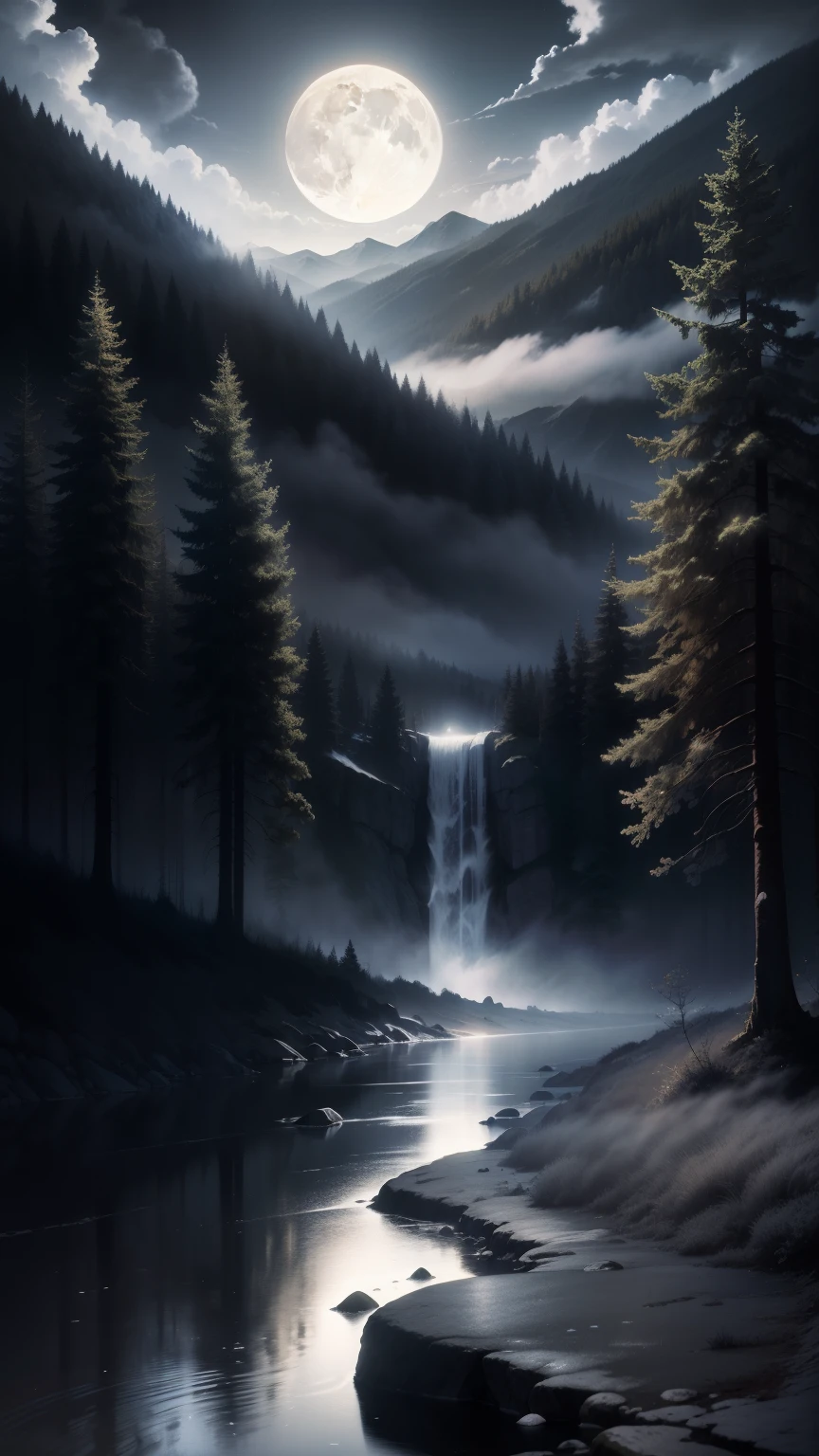 Masterpiece, best quality, beautiful night scene, with vast sky, continuous mountains and steep cliffs, paint wash style, contour light, atmospheric atmosphere, depth of field, rising mist, ((Lush Forest of Millennial Oaks)) , waterfall running water, big full moon, (No color), Monochrome, light color