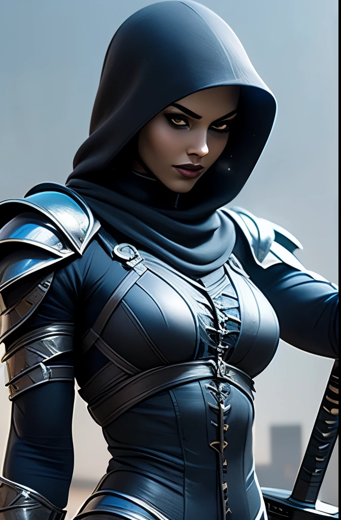 a close up of a person with a sword and a hood, an edgy  assassin, she is holding a sword, female assassin, holding a sword on her shoulder, afrofuturism anime, beautiful female assassin, katana zero video game character, clothed in stealth armor, holds a black sword, rossdraws | afrofuturism, :: rossdraws, a teenck cyborg