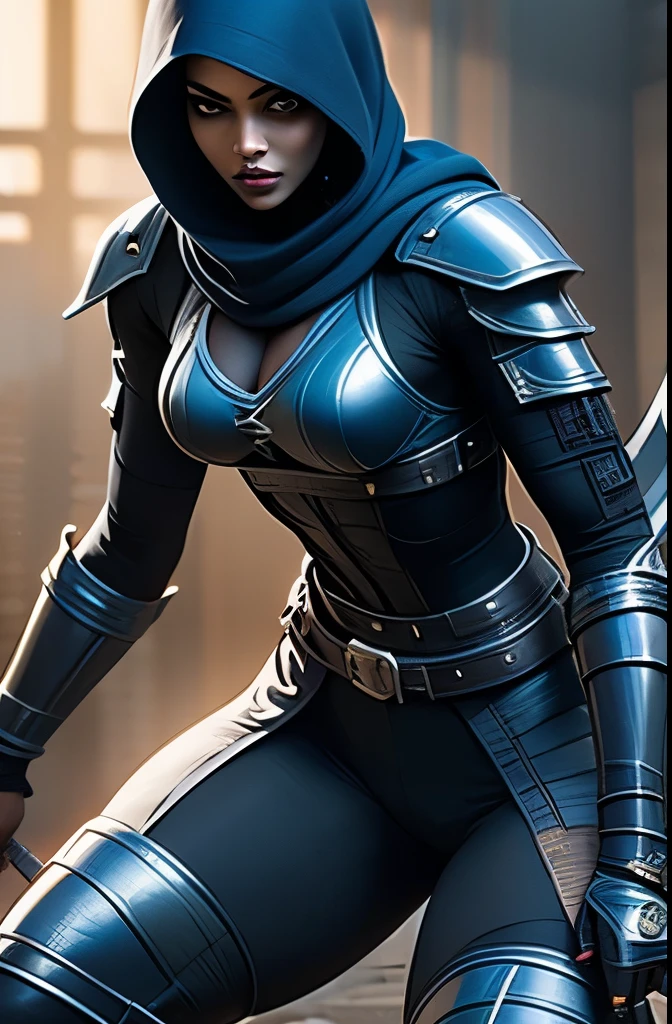 Imagine a fierce female warrior from the realm of shadows, a master assassin known as the counterpart to Mortal Kombat's Noob Saibot. She is clad in sleek, obsidian-black armor that seems to absorb all light, adorned with subtle, ghostly blue accents that hint at her otherworldly powers. Her face is partially concealed by a dark, hooded cloak, but her eyes glow with an eerie, ghostly light, giving her an intimidating presence