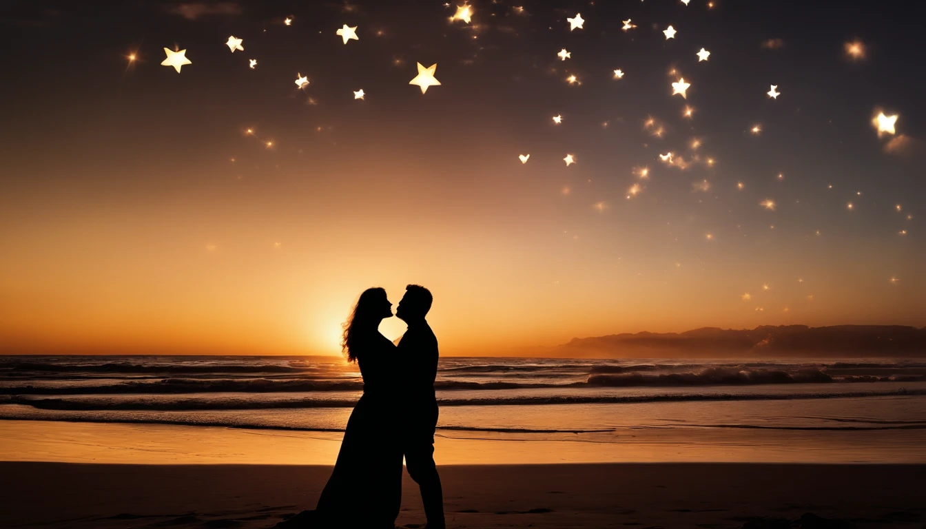 Silhouette of romantic couple kissing in the wind, Boy and girl, man and BBW, (thin guy and fat woman), curvy, perfect facial profile, glowing stars, Glow effects,Heart-shaped bubbles,the night,romance,super-fine,beachside,16K resolution,high qulity,movie lighting,High picture detail,dynamic viewing angle,Epic shooting,oc rendered, deep love, shimmering, splashing, beautiful masterpiece, UHD, bioluminescence, iridescent, steamy, misty