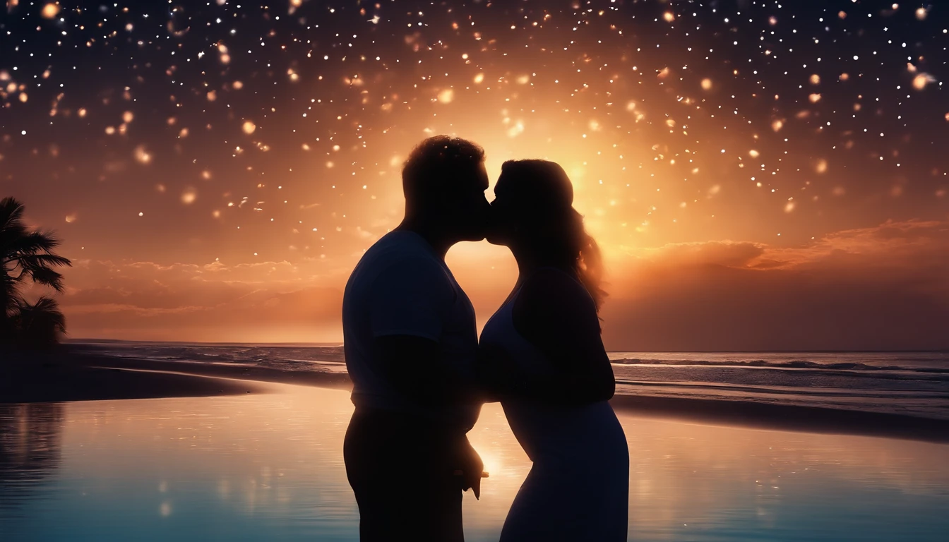 Silhouette of romantic couple kissing in the wind, Boy and girl, man and BBW, (thin guy and fat woman), curvy, perfect facial profile, glowing stars, Glow effects，Heart-shaped bubbles，the night，romance，super-fine，beachside，16K resolution，high qulity，movie lighting，High picture detail，dynamic viewing angle，Epic shooting，oc rendered, deep love, shimmering, splashing, beautiful masterpiece, UHD, bioluminescence, iridescent, steamy, misty