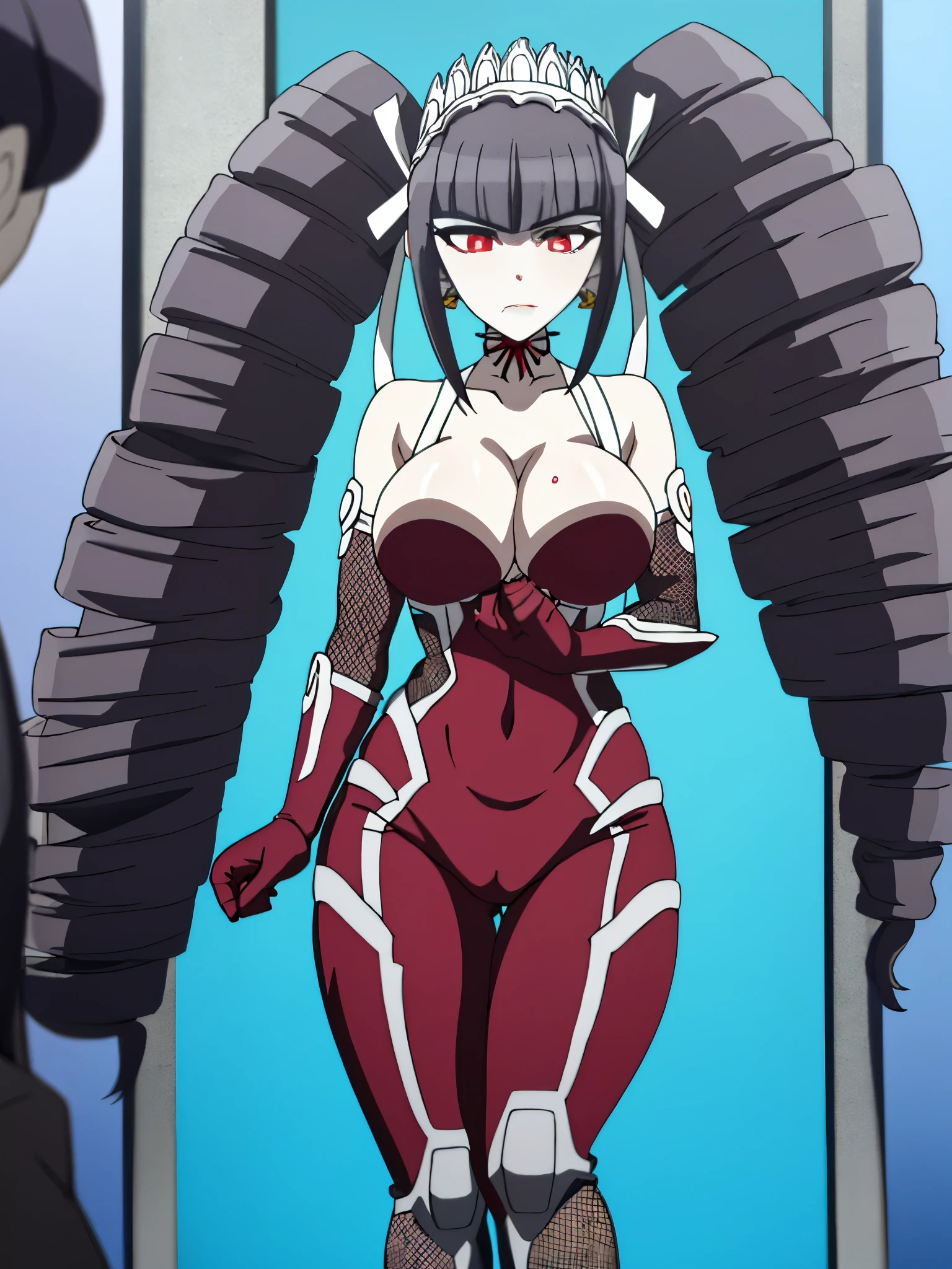 masterpiece, best quality, CG, wallpaper, HDR, high quality, high-definition, extremely detailed, taimanin bodysuit, 1girl, solo,aroused girl, face view, standing, blushing, moaning, celestia ludenberg, long hair, bangs, black hair, (red eyes:1.3), long sleeves, twintails, drill hair, twin drills, (red lips:0.8), busty, large breasts,cleavage, elbow gloves, scowl, centered, best quality, masterpiece, large breasts, thick thighs, thick hip