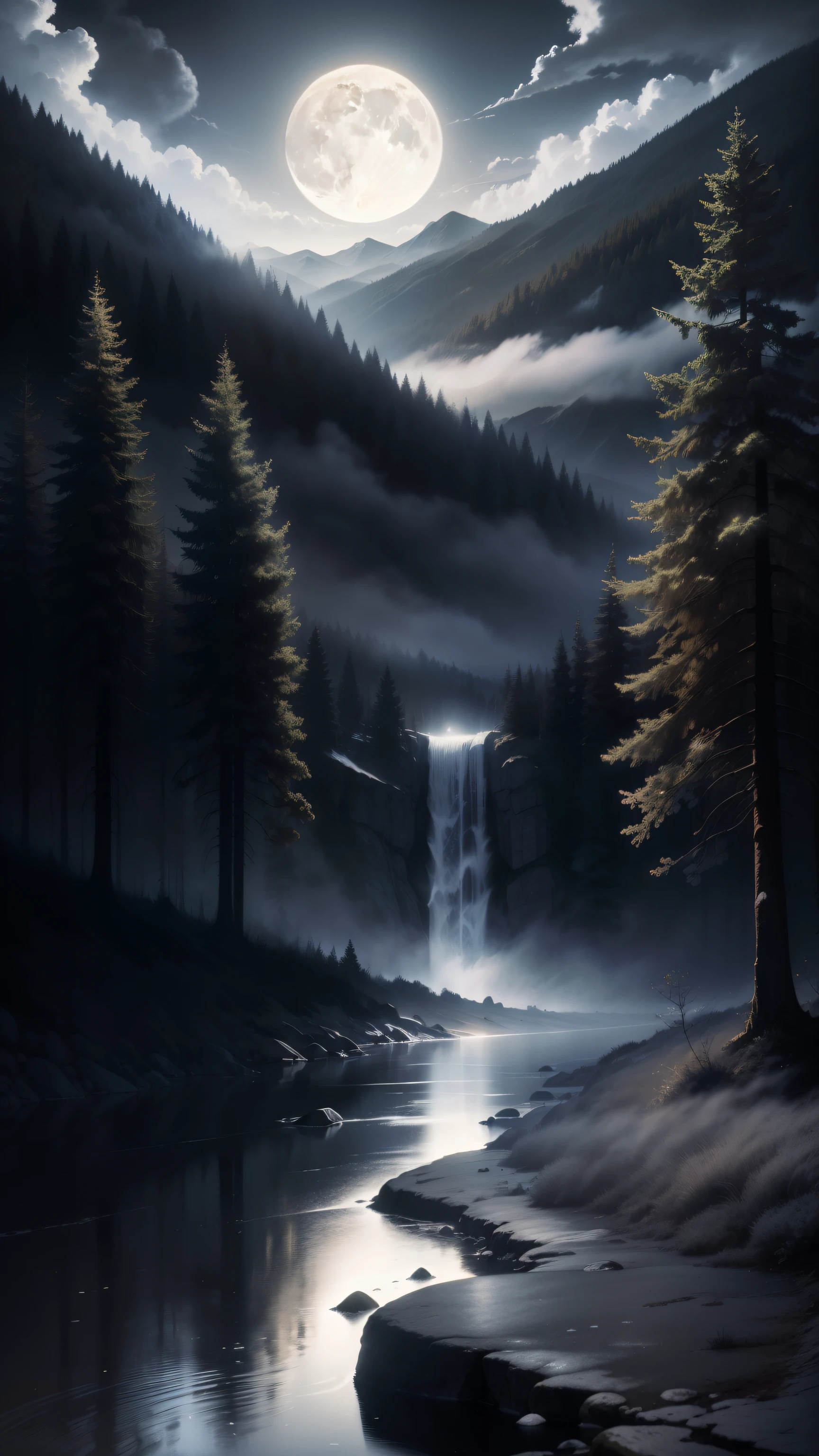 Masterpiece, best quality, beautiful night scene, with vast sky, continuous mountains and steep cliffs, paint wash style, contour light, atmospheric atmosphere, depth of field, rising mist, ((Lush Forest of Millennial Oaks)) , waterfall running water, big full moon, (No color), Monochrome, light color 