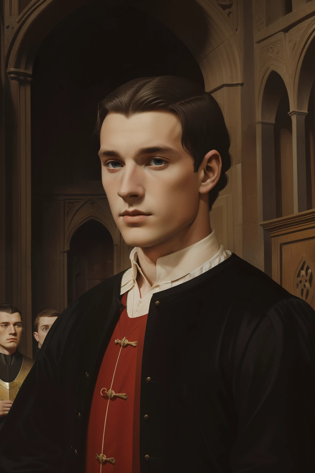 England, 1327. A young ((((22-year-old)) Ralph Fitzgerald)), intense eyes, ambitious, tall, athletic, being judged in a trial, defendant, ((nerves and panic expression)). ((((clothings from the 1300s)))), ((dark hairstyle of the 1300s))