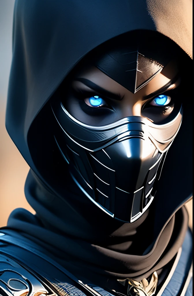 Imagine a fierce female warrior from the realm of shadows, a master assassin known as the counterpart to Mortal Kombat's Noob Saibot. She is clad in sleek, obsidian-black armor that seems to absorb all light, adorned with subtle, ghostly blue accents that hint at her otherworldly powers. Her face is partially concealed by a dark, hooded cloak, but her eyes glow with an eerie, ghostly light, giving her an intimidating presence